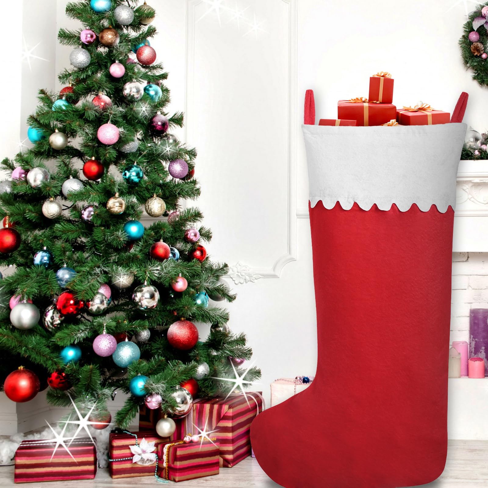 2 Pack Jumbo 38-Inch Red & White Felt Christmas Stockings - Large Holiday Stockings for Fireplace, Xmas Tree Decor - Perfect for Family Home Decorations, Christmas Parties & Festive Gift Giving