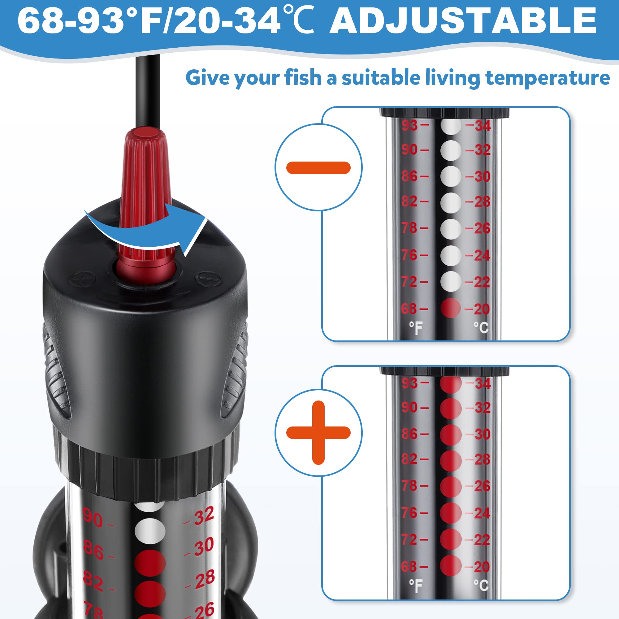 Dreyoo 2-Pack 300W Submersible Aquarium Heater with Adjustable Thermostat & Thermometer Stickers - Fish Tank Water Heater for Freshwater/Saltwater Aquariums - Perfect for Home, Office, or Classroom Fish Tanks