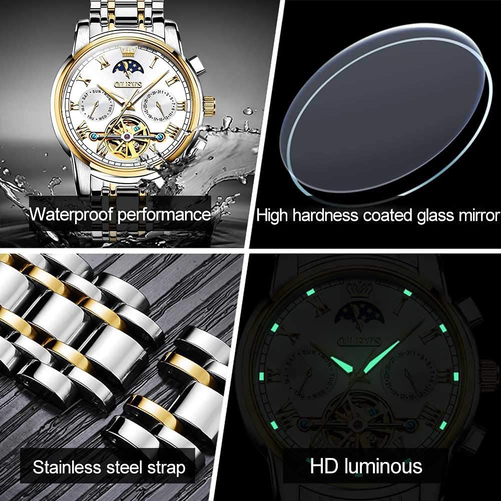 OLEVS Men's Automatic Mechanical Tourbillon Watch - Self-Winding Luxury Stainless Steel Waterproof Wristwatch with Luminous Hands & Date Display - Perfect for Business, Formal Events & Everyday Wear