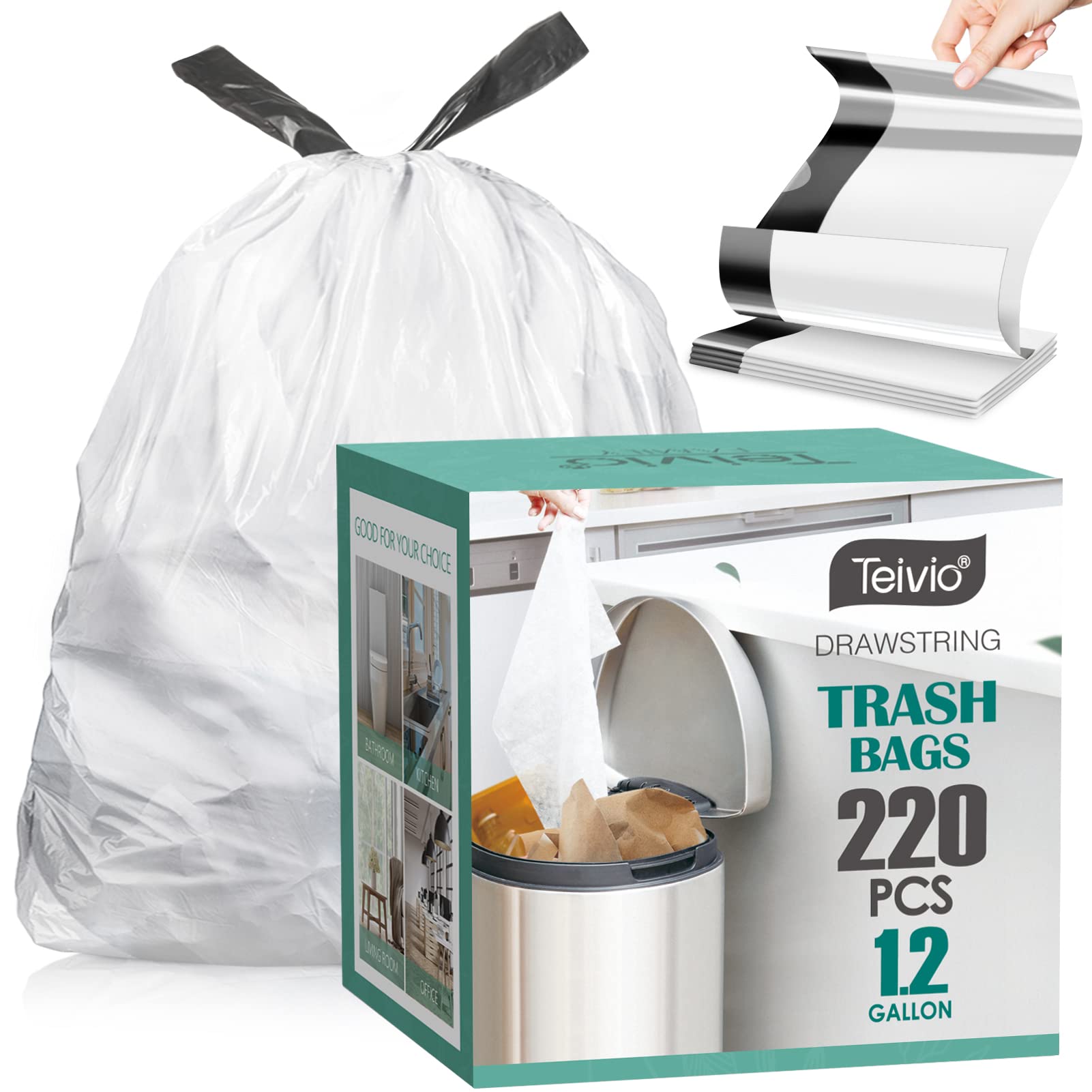 Teivio 1.2 Gallon 220-Count Strong Drawstring Trash Bags - Small Garbage Bags for Bathroom, Kitchen, Office & Home - Fits 5-6 Liter Bins (0.8-1.6 Gal) | Perfect for Waste Disposal, Recycling & Daily Cleaning