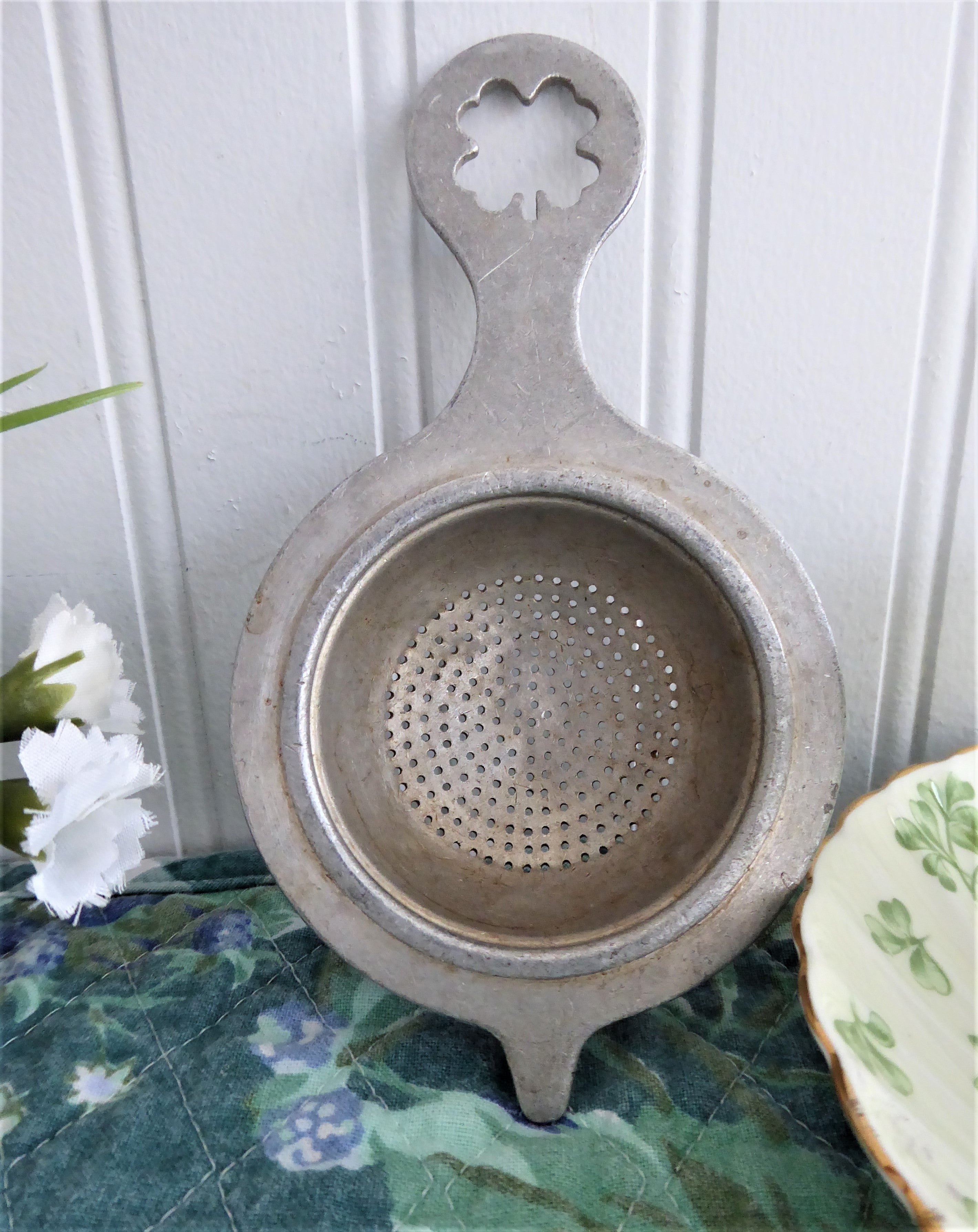 Vintage 1930s Shamrock Handle 4-Leaf Clover German Tea Strainer - Pierced Aluminum Good Luck Charm for Tea Lovers | Perfect for Irish-Themed Parties, Tea Ceremonies & Collectible Display
