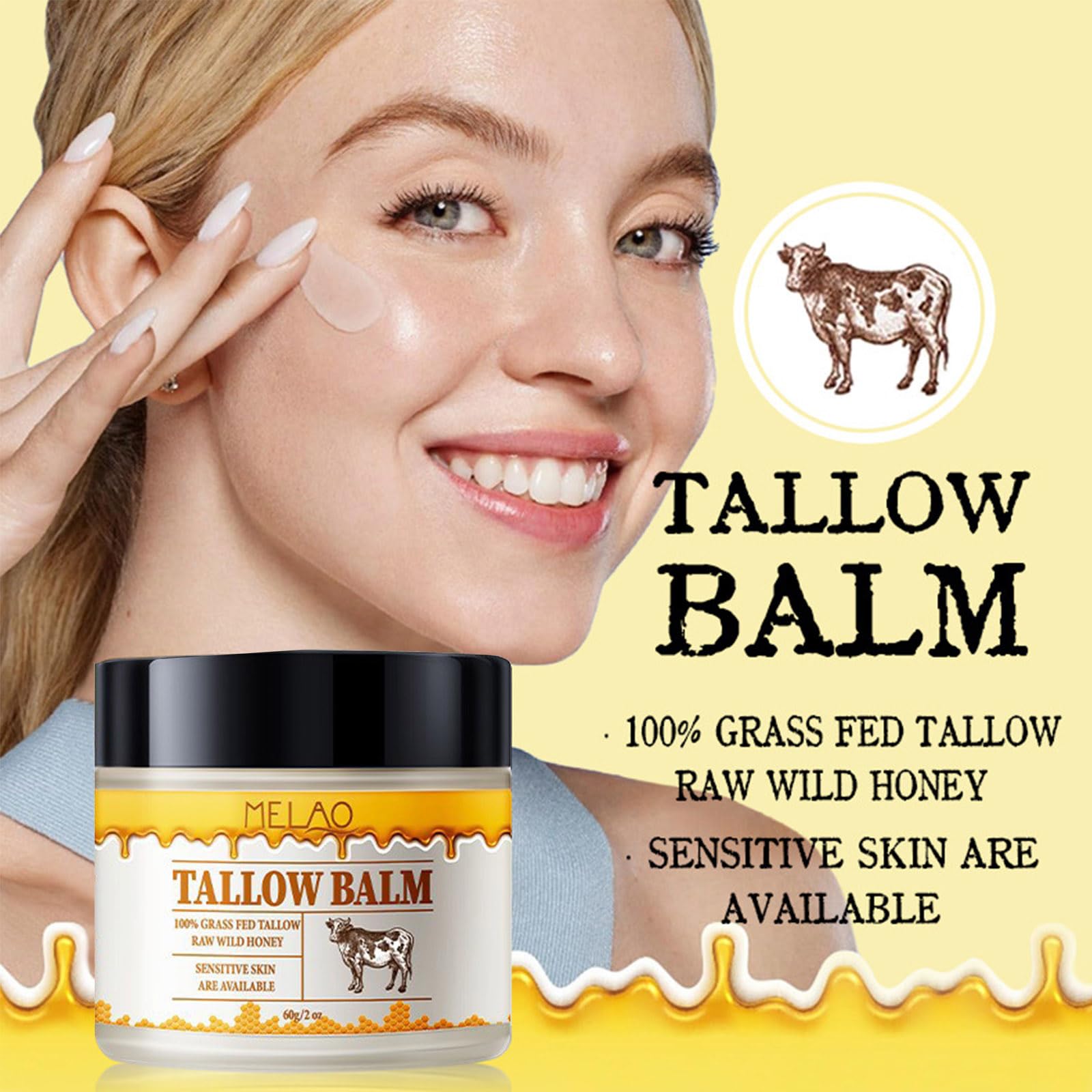 Grass-Fed Beef Tallow & Raw Wild Honey Balm - 2oz All-Natural Moisturizer for Face & Body | Hydrating Skin Care for Dry Skin, Eczema & Sensitive Skin | Perfect for Daily Use, Night Routine & Travel