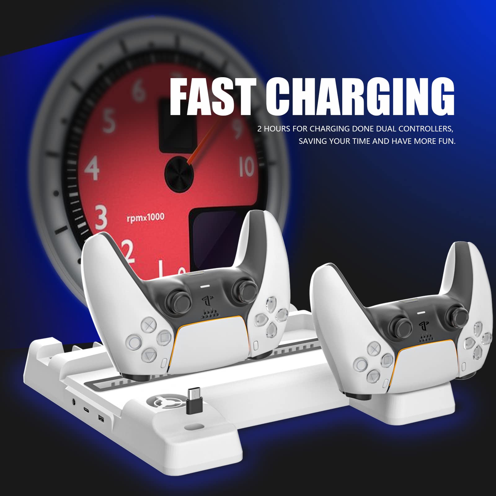 HEATFUN PS5 White Charging Station with Cooling Fans - Fast Charging Dock, 3-Speed Adjustable Cooling, 12-Game Storage Rack - Perfect for PS5 Gaming Setup & Console Organization