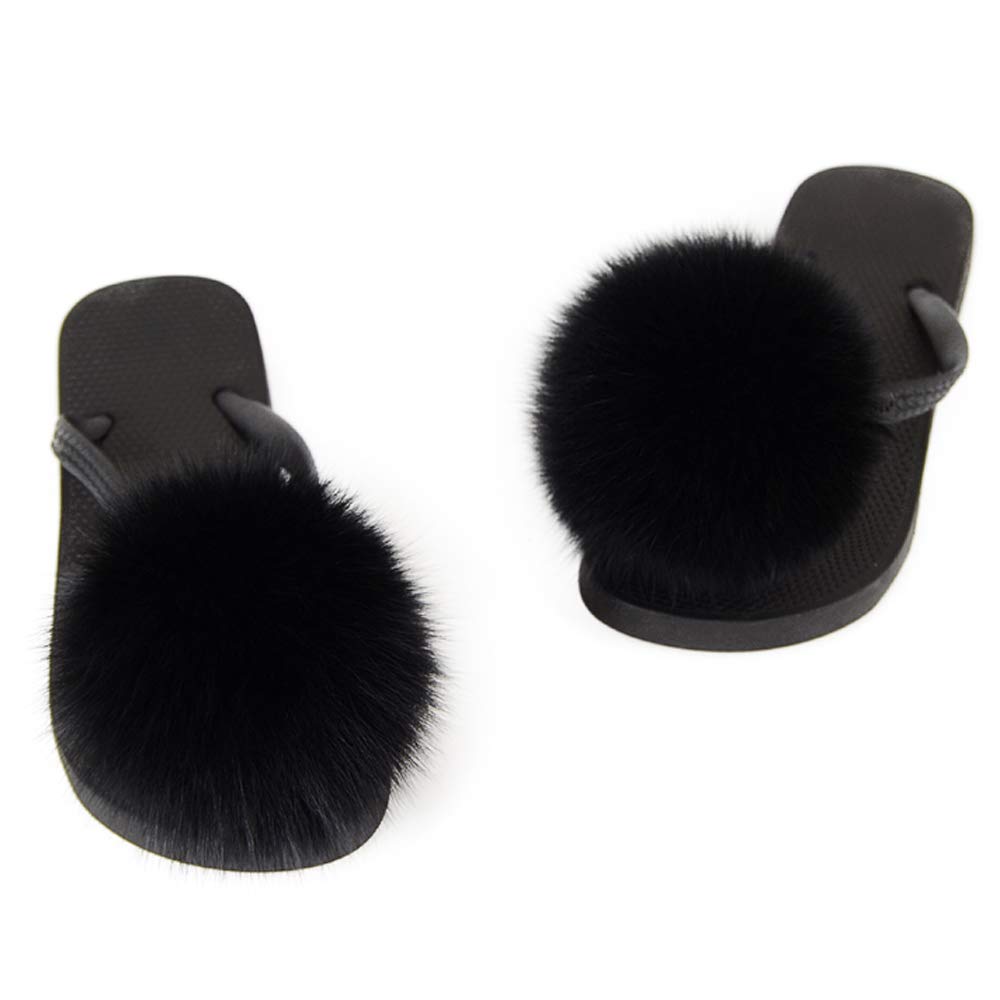 DAYISS Women's Real Fox Fur Ball Slides - Fluffy Flip Flop Slippers & Fuzzy Sandals for Women | Cozy Home Wear & Fashion Outdoor Slides