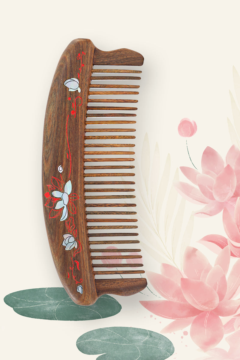 Lotus Wood Comb with Seashell Inlay - Handmade Natural Wooden Hairbrush for Detangling & Styling - Perfect for Daily Hair Care, Gifts, and Travel Accessories