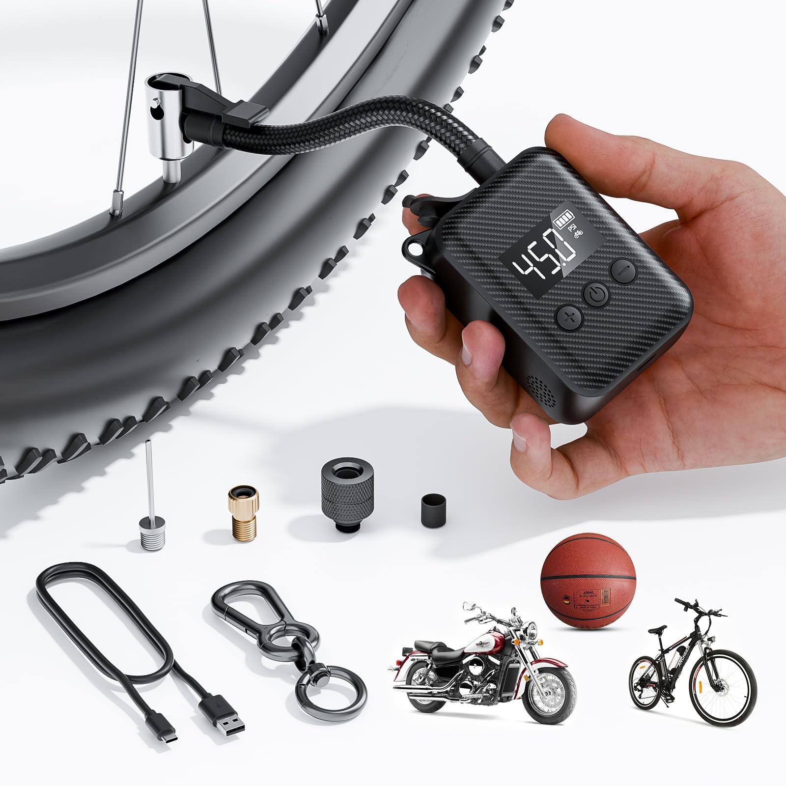 130 PSI Electric Mini Bike Pump - Portable Rechargeable Bicycle Tire Inflator with Pressure Gauge & Auto Shutoff - Compatible with Presta & Schrader Valves - Perfect for Mountain, Road and City Bikes - Ideal for Commuting, Cycling Trips and Emergency Tire Inflation