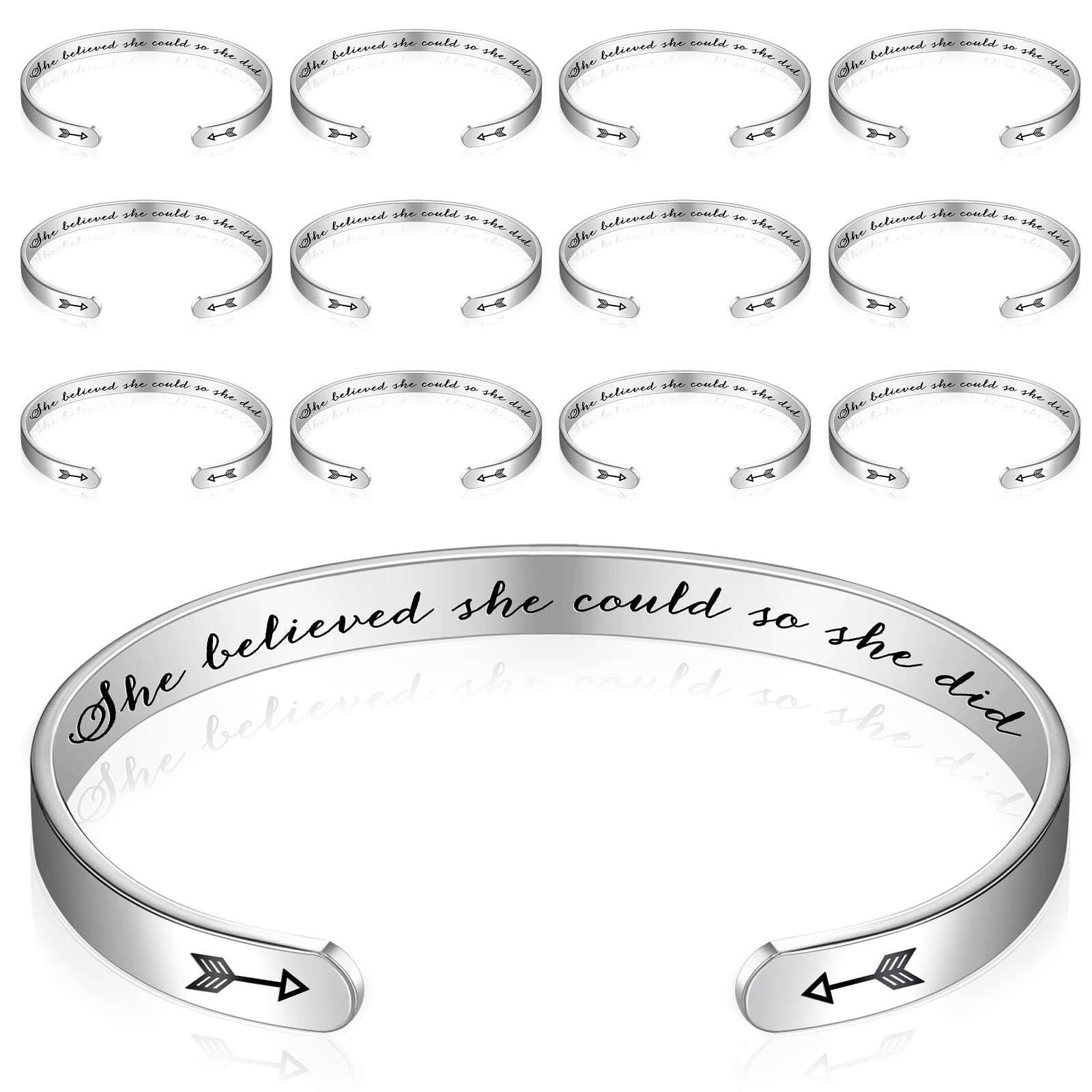 12 Pcs Inspirational Cuff Bracelets for Women - Motivational Engraved Jewelry Set, Bulk Coworker Gifts for Office, Graduation & Special Occasions
