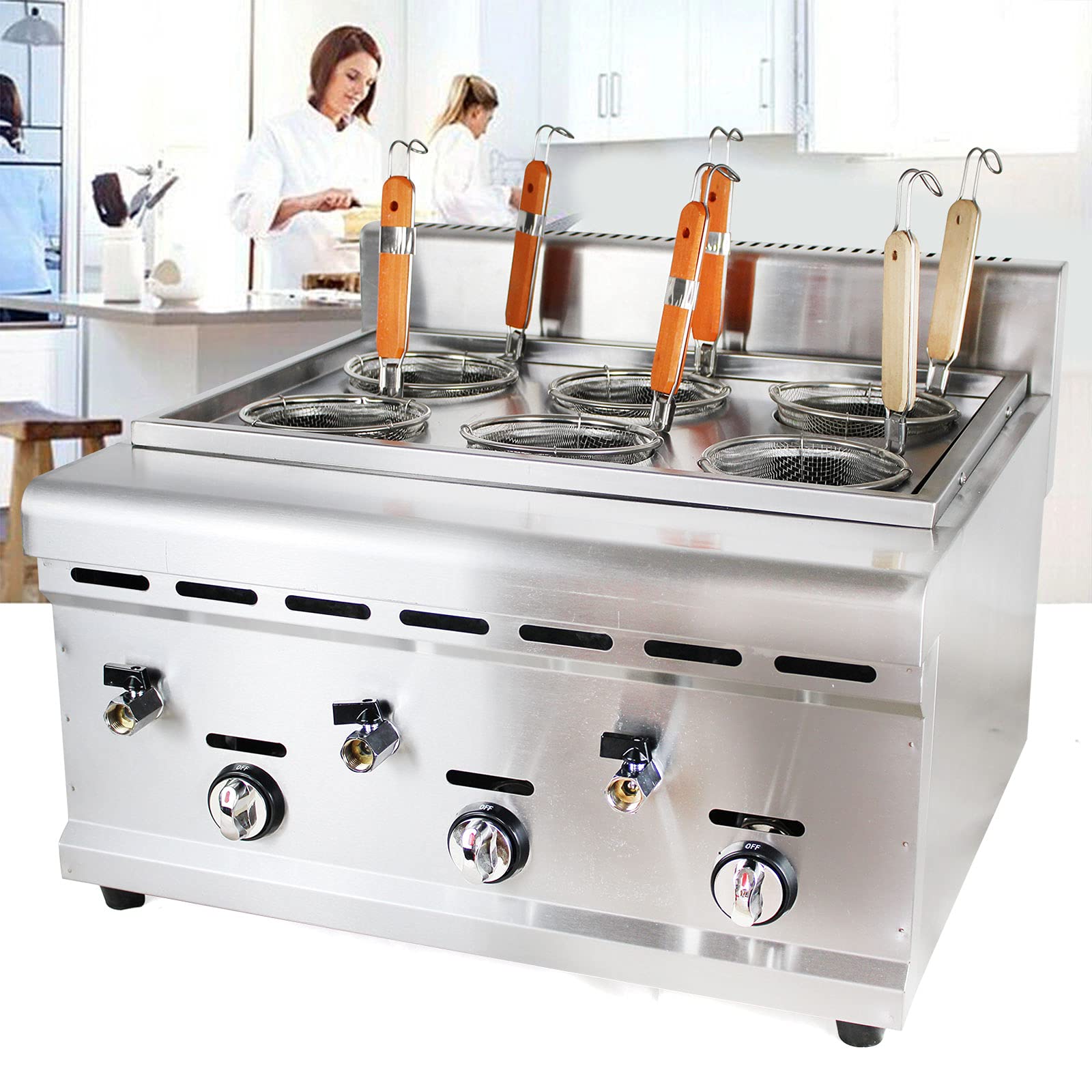 Commercial Pasta Cooker - LPG Gas Boiler Steamer with 2 Tanks & 6 Baskets - 32,000 BTU Burner - Tabletop Noodle Cooking Machine with Filter - Perfect for Restaurants, Catering & Food Trucks