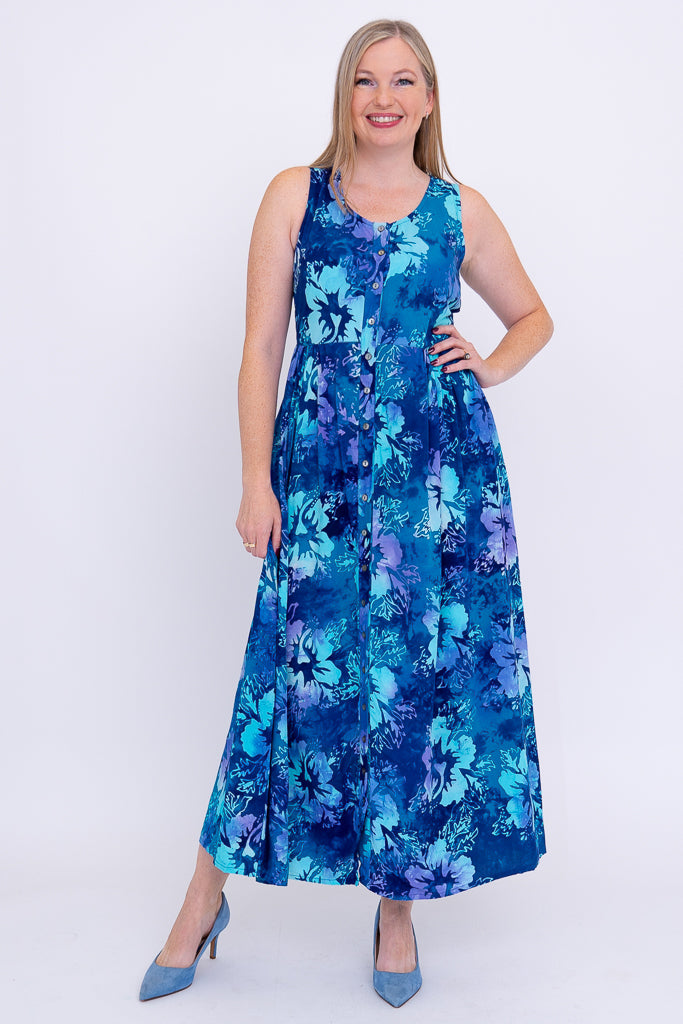 Cleo Dress - Women's Floral Print Summer Dress in Aqua Hibiscus | Perfect for Beach Vacations, Parties & Casual Outings