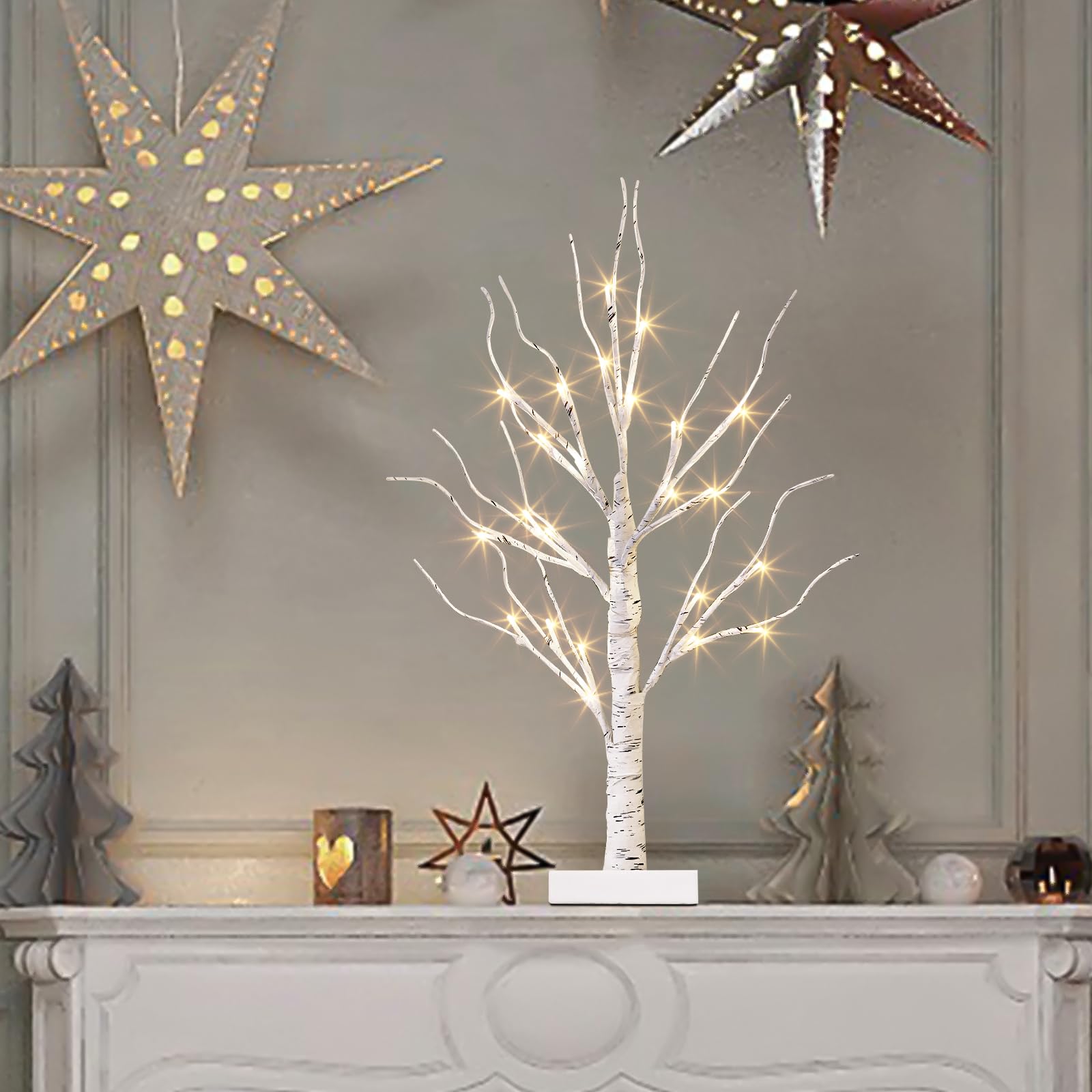 2FT LED Birch Tree with 24 Warm White Lights - Battery Powered Tabletop Centerpiece for Home, Office, Bedroom Decor - Perfect for Wedding, Easter & Holiday Decorations - Creates Cozy Ambiance for Romantic Dinners & Relaxing Evenings