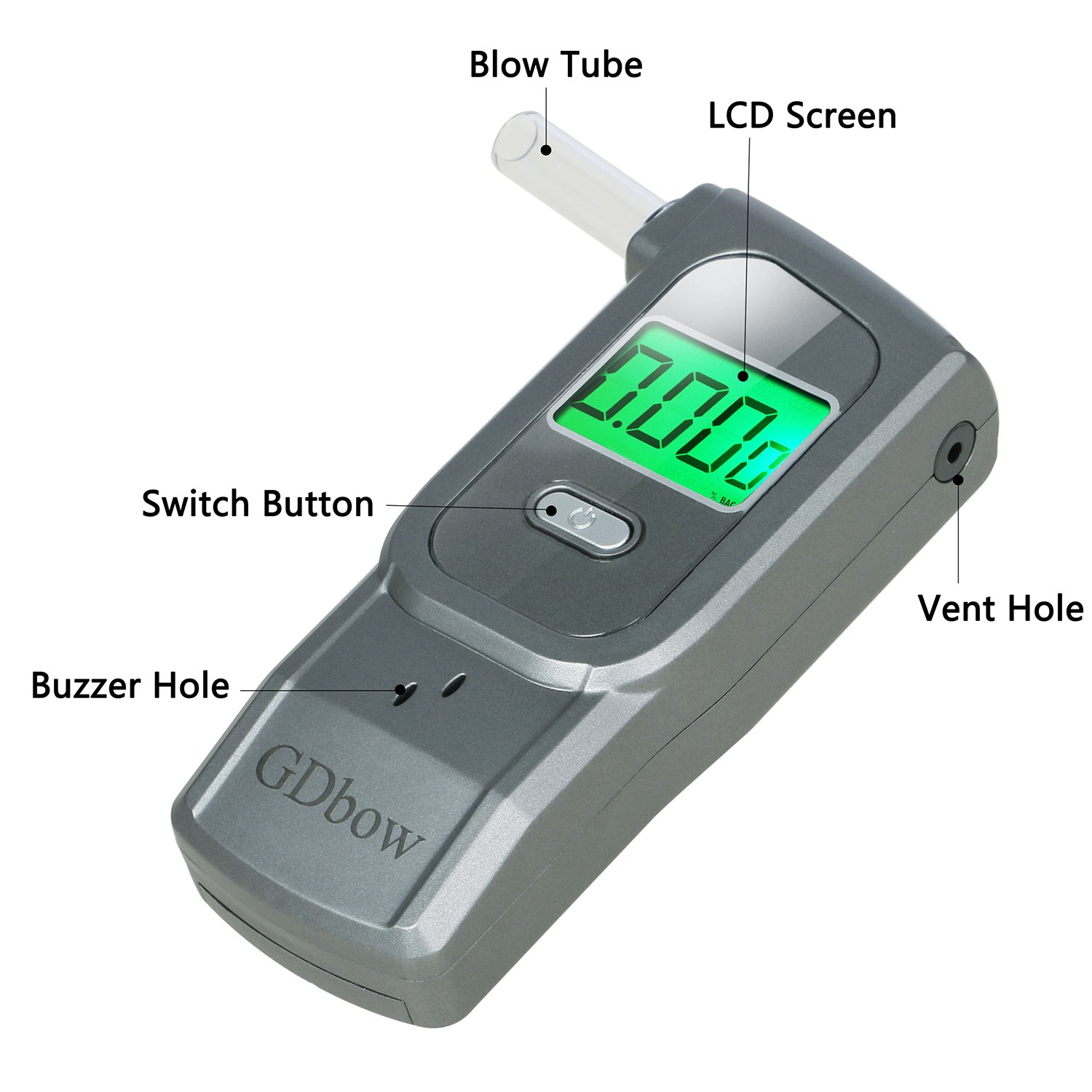 Portable Breathalyzer Alcohol Tester with 32 Test Memory & 5 Mouthpieces - Grey | Accurate BAC Measurement for Personal, Workplace & Road Safety