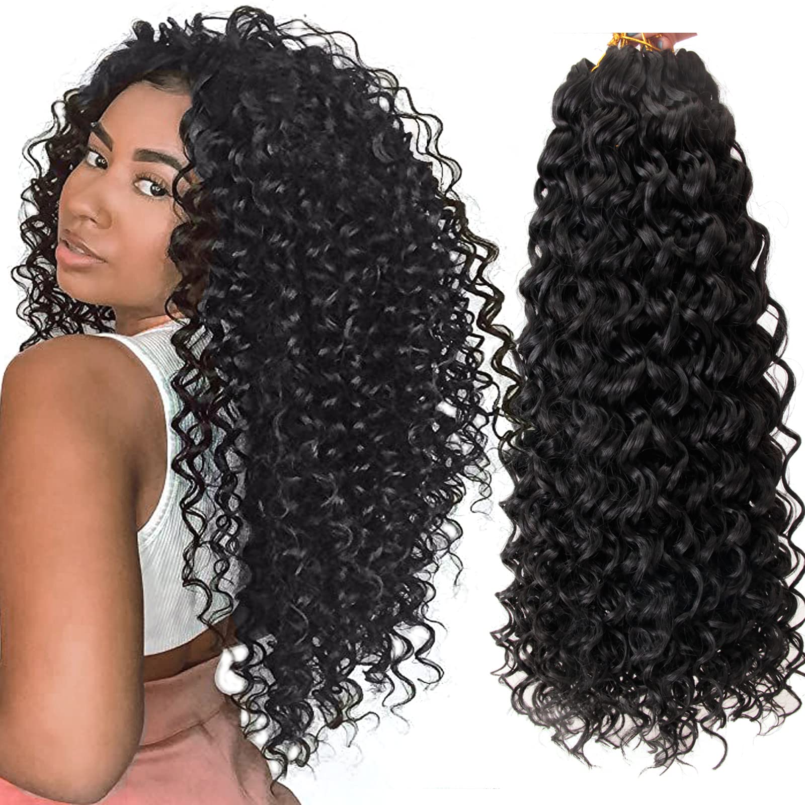 8 Packs Curly Crochet Hair Extensions - GoGo Curl Deep Wave Synthetic Braiding Hair for Women (18inch, 1B Natural Black) | Bohemian Water Wave Crochet Braids for Protective Styles & Everyday Wear
