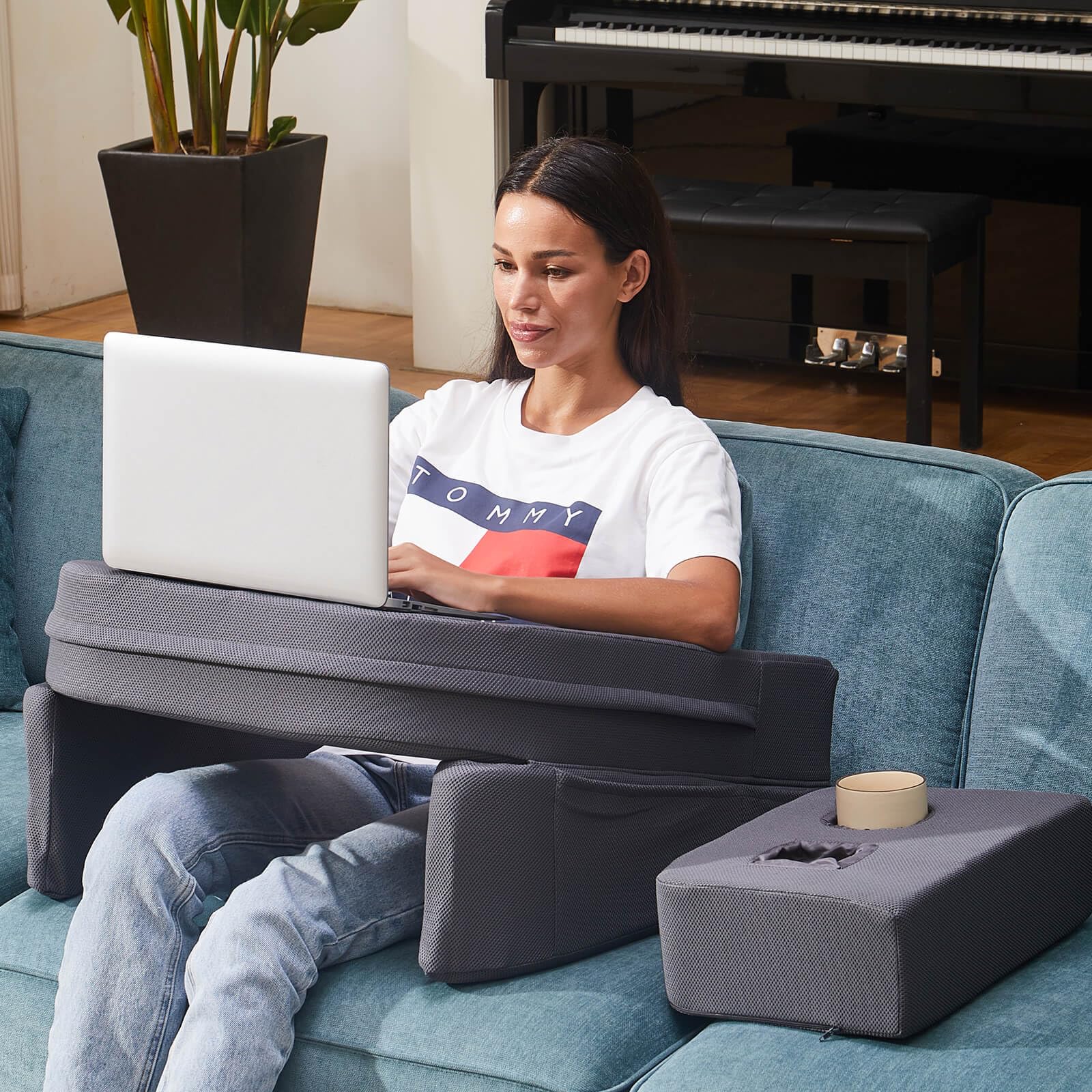 Memory Foam Lap Desk with Cup Holder - Portable Laptop Pillow for Couch, Bed & Gaming - Soft Writing Surface with Phone Stand (Grey) - Perfect for Home Office, Study & Relaxing in Bed