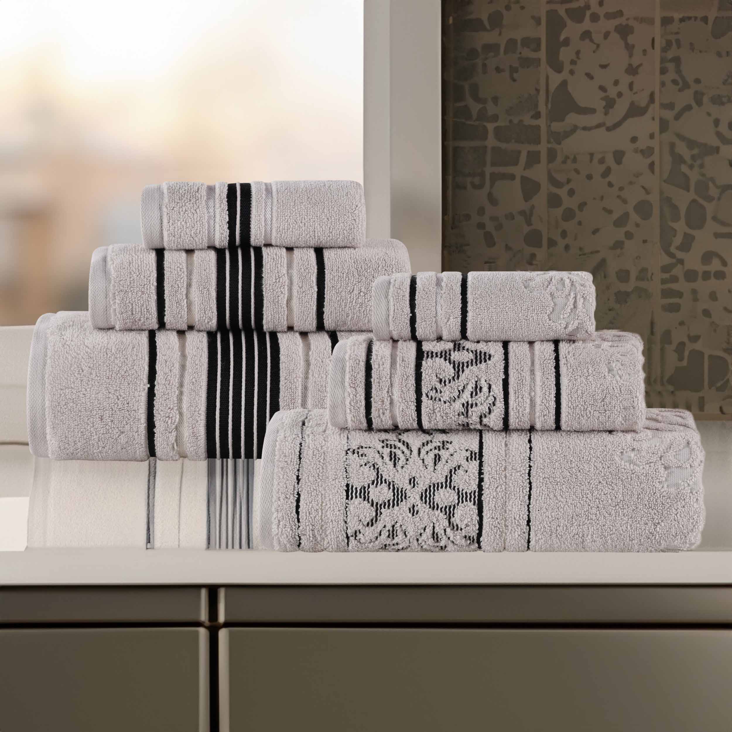 Premium 6-Piece Cotton Towel Set - Soft & Absorbent Zero Twist Cotton with Elegant Solid & Jacquard Floral Designs - Perfect for Bathroom, Spa, and Luxury Home Decor