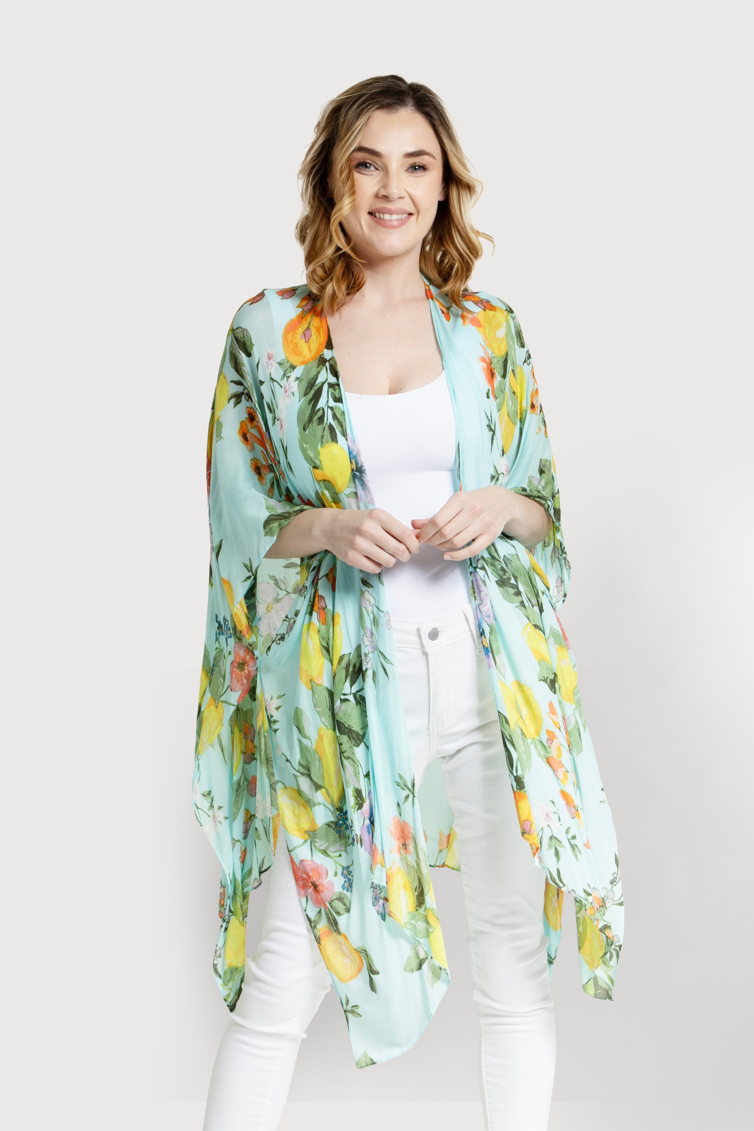Lightweight Citrus Kimono - Elegant Floral Japanese Robe for Women, Perfect for Loungewear, Yoga, and Summer Outfits
