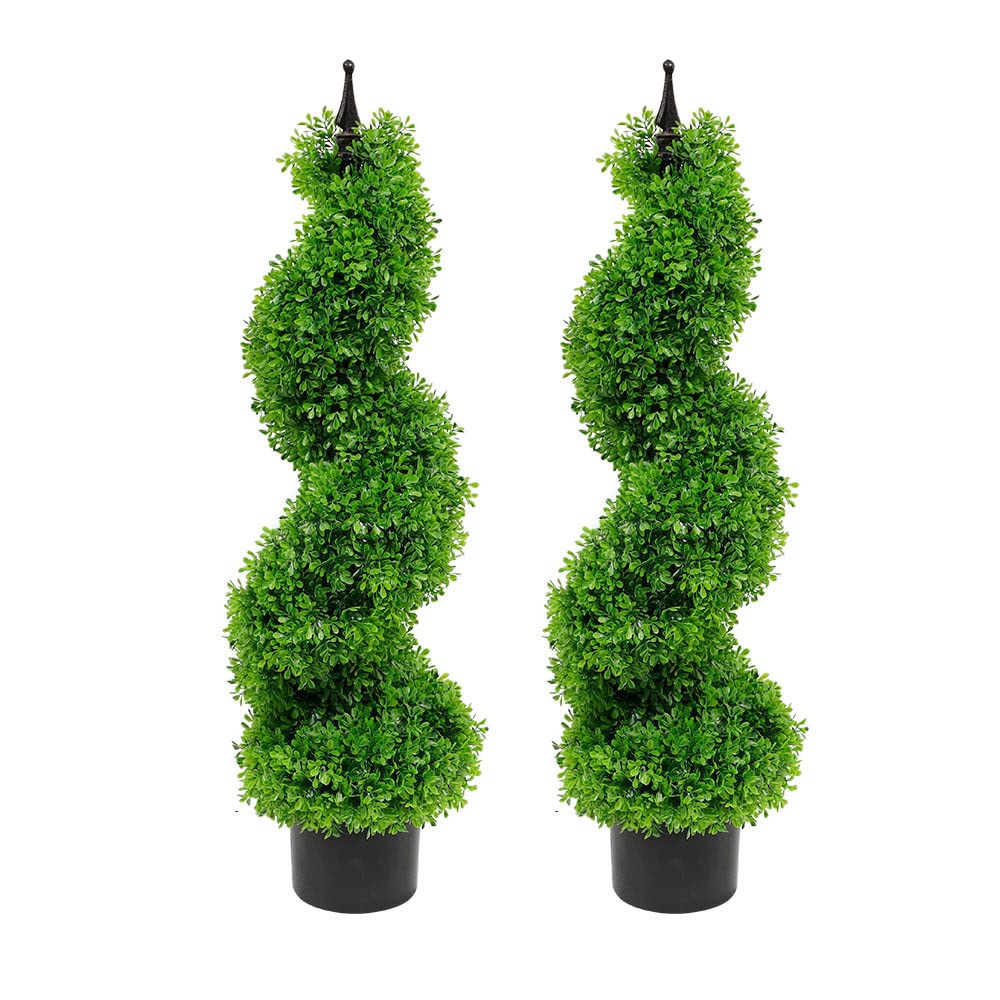 Premium 35 Inch Artificial Boxwood Spiral Topiary Trees - Set of 2 Faux Plants in Plastic Pots for Indoor & Outdoor Decor - Perfect for Porch, Patio, Garden, and Entryway Decorations