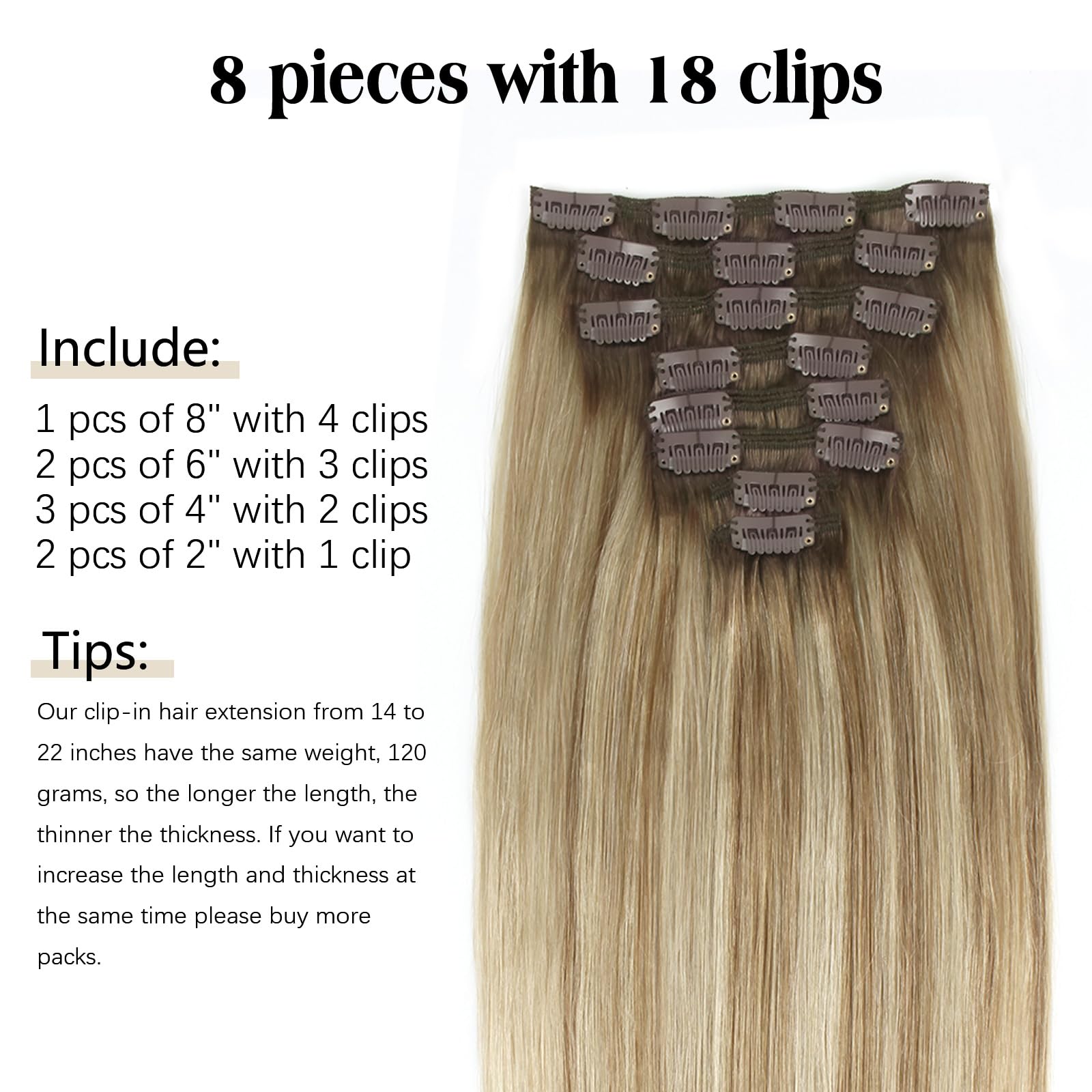 ABH AMAZINGBEAUTY 22 Inch Real Human Hair Clip-in Extensions - Ash Brown to Beach Blonde Ombre with Dark Brown Roots (R3-8-613) - 8pcs/120g Straight Double Weft Hairpieces for Daily Styling & Special Occasions