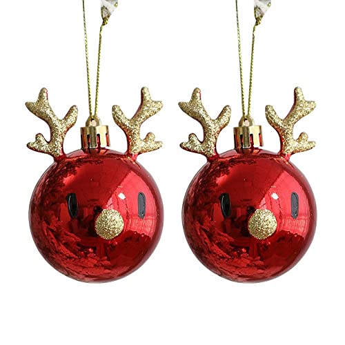 Elk Design Christmas Ball Ornaments - 2Pcs Red Hanging Baubles for Tree Decorations, 8cm Festive Holiday Decor for Home, Party & Mall (Fawn Pattern) | Perfect for Christmas Tree, Gift Wrapping & Holiday Party Decorations