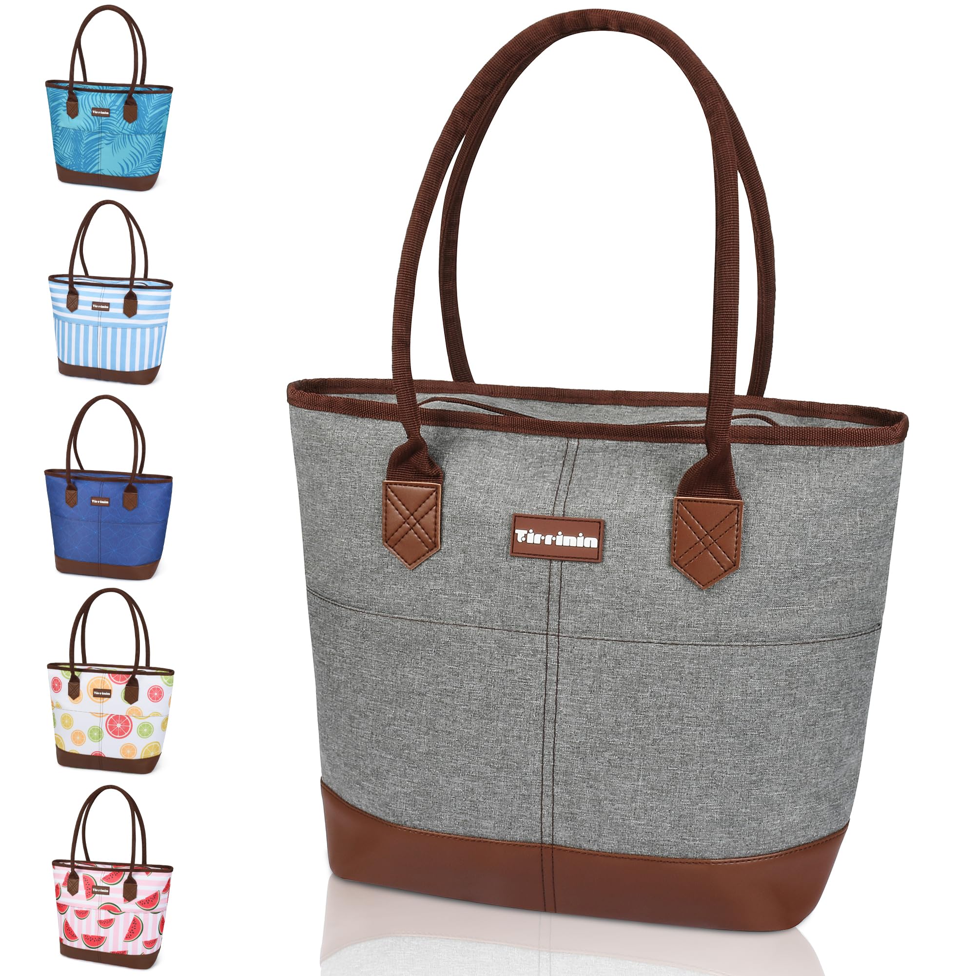 Tirrinia Large Insulated Lunch Tote Bag for Women - Waterproof Leakproof Cooler Bag with Zipper | Perfect for Work, Beach, Grocery Shopping & Keeping Frozen Food Fresh | Stylish Grey Lunch Bag for Adults