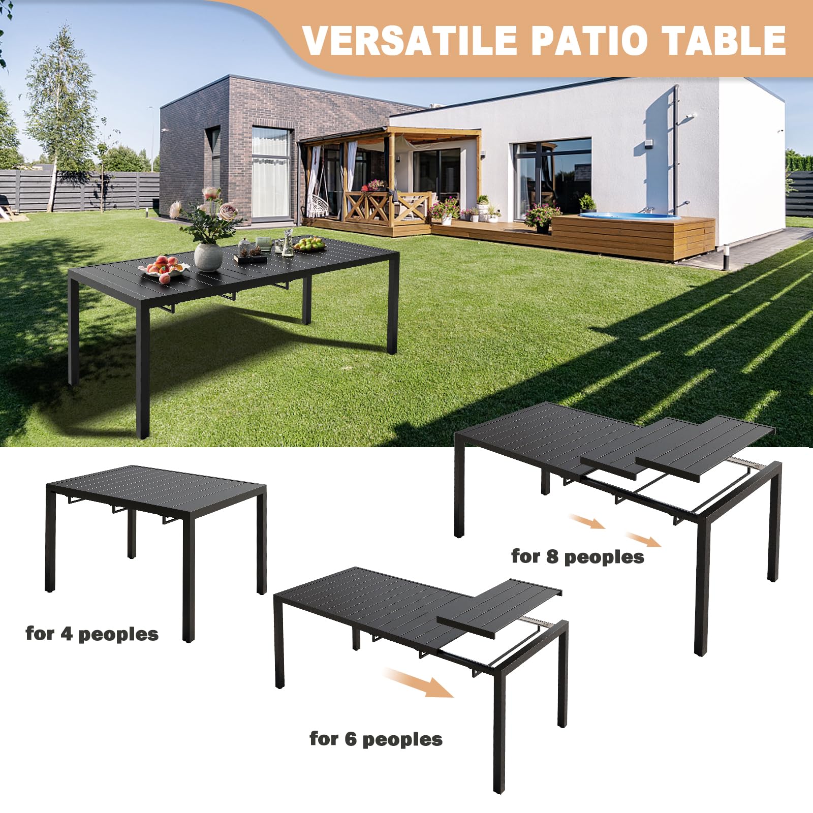 VICLLAX Expandable Metal Outdoor Dining Table for 4/6/8 People - Black Rectangular Patio Table for Garden, Backyard, Lawn & Bistro - Perfect for Family Gatherings & Outdoor Entertaining