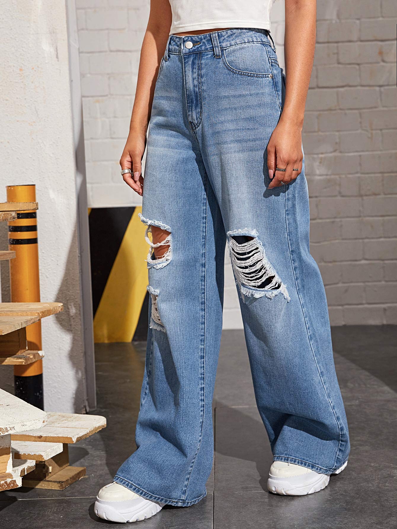 SweatyRocks Women's Distressed Ripped Denim Jeans - Loose Fit Wide Leg Casual Pants for Streetwear & Boho Style | Perfect for Everyday Wear, Music Festivals, and Trendy Outfits
