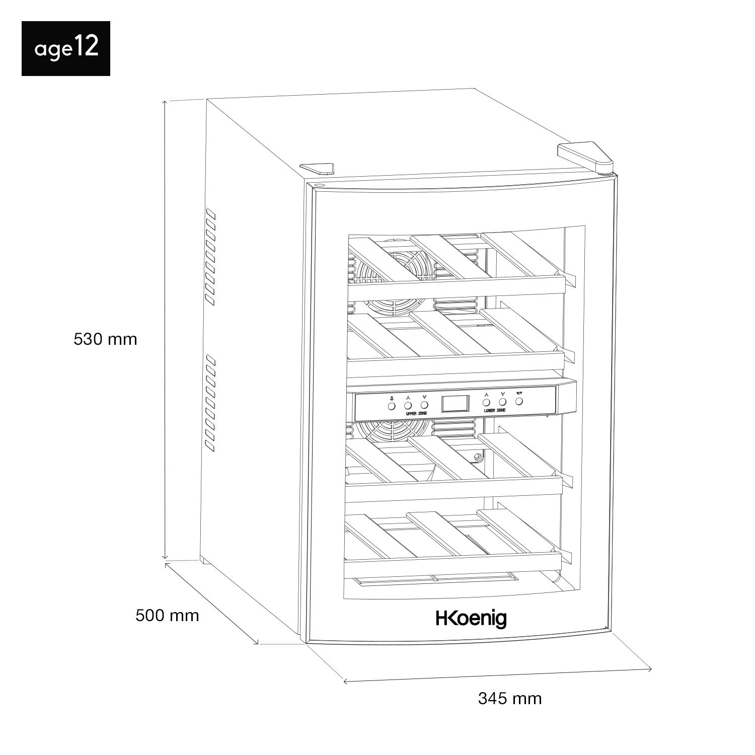 H.Koenig AGE12WV 12-Bottle Wine Cooler with Dual Temperature Zones (8-18°C) - 34L Capacity, 4 Adjustable Shelves, Ultra-Quiet 74dB Operation - Perfect for Home Bars, Restaurants & Wine Cellars