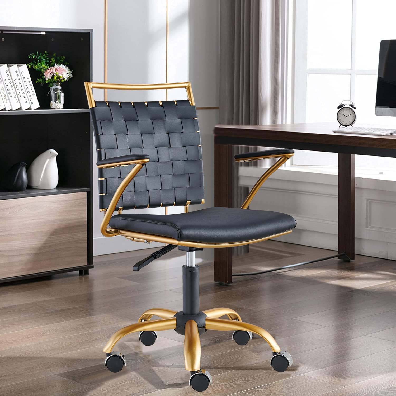 Premium CAROCC Gold Office Chair - Modern Ergonomic Leather Swivel Chair with Adjustable Height for Home Office, Computer Desk & Vanity - Comfortable Task Chair for Work & Study (Black)