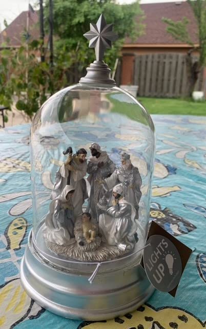 10in Tall Light Up Nativity Scene Cloche - Silver & White Christmas Decoration for Home, Tabletop, Mantel & Holiday Décor