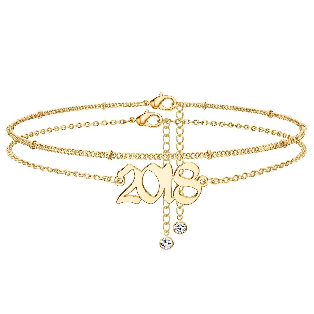 14K Gold Plated Birth Year Anklet - Women's Beach Jewelry Gift for 1970-2021 Birthdays & Anniversaries
