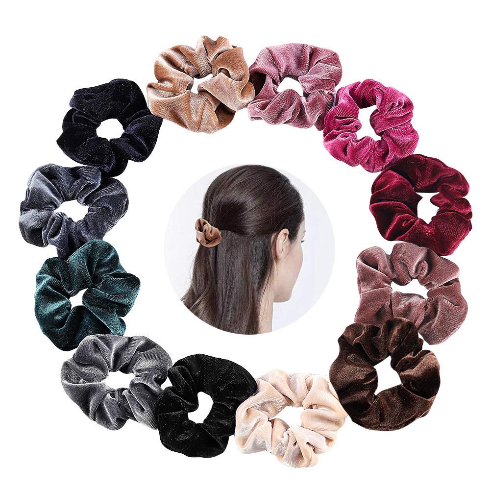 Trendy Club 12-Pack Velvet Hair Scrunchies for Women & Girls - Soft Elastic Hair Ties, Ponytail Holders & Elegant Hair Accessories (Perfect for School, Work, Gym & Everyday Styling)