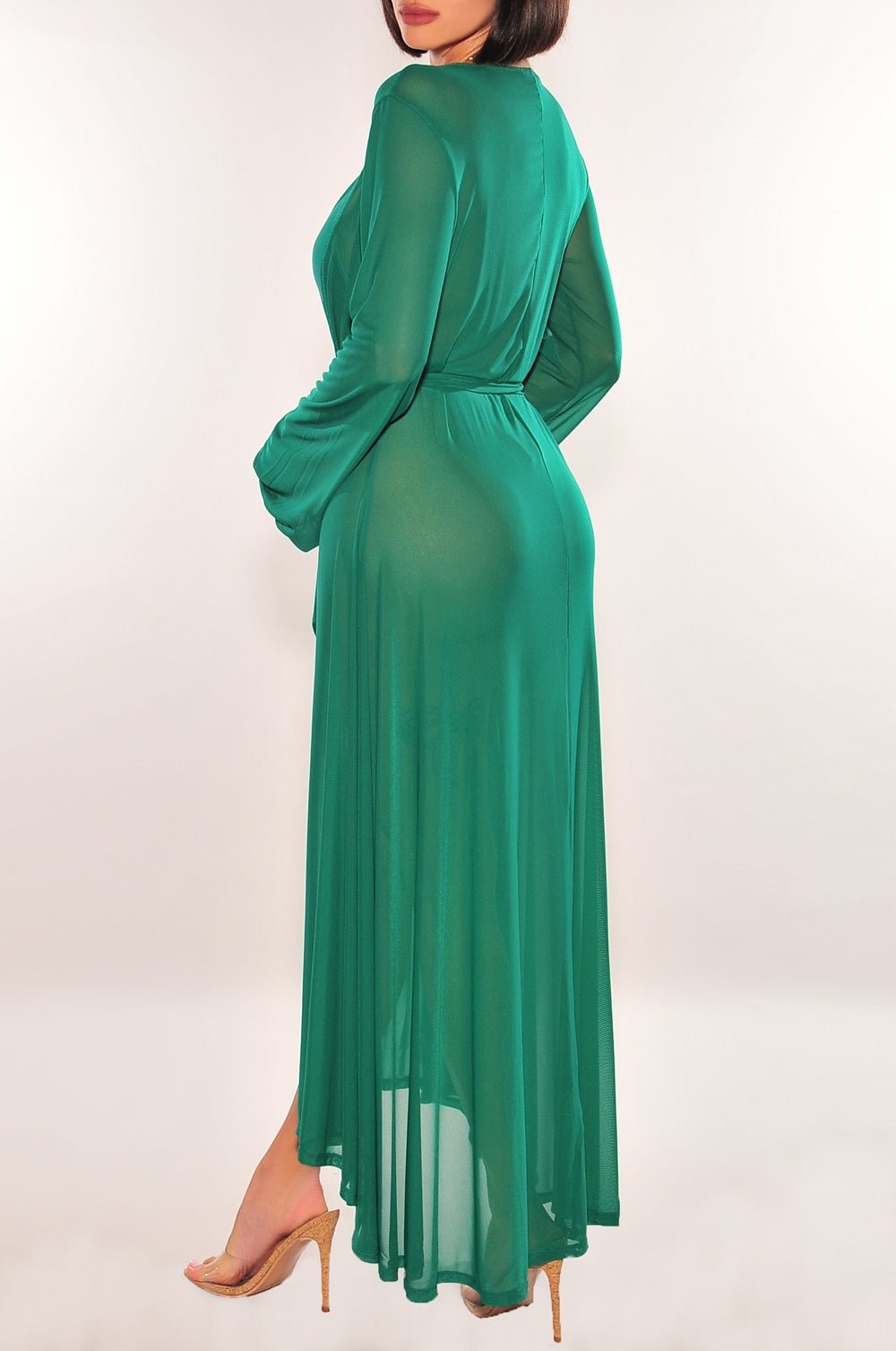 Emerald Green Mesh Long Sleeve Belted Maxi Cover Up Dress - Beach Wedding, Pool Party & Vacation Outfit for Women
