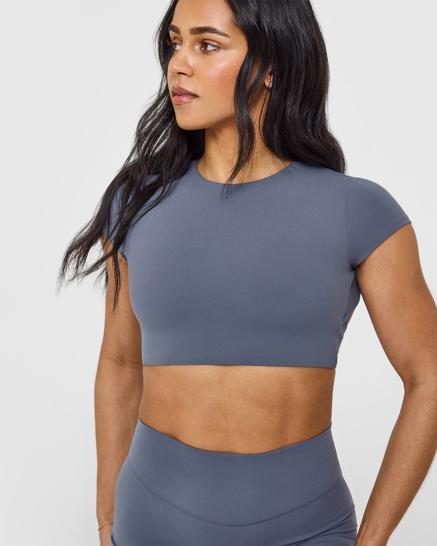 SoftMotion™ Short Sleeve Crop Top for Women - Breathable Stretchy Workout Shirt in Granite Blue | Yoga, Gym & Casual Wear