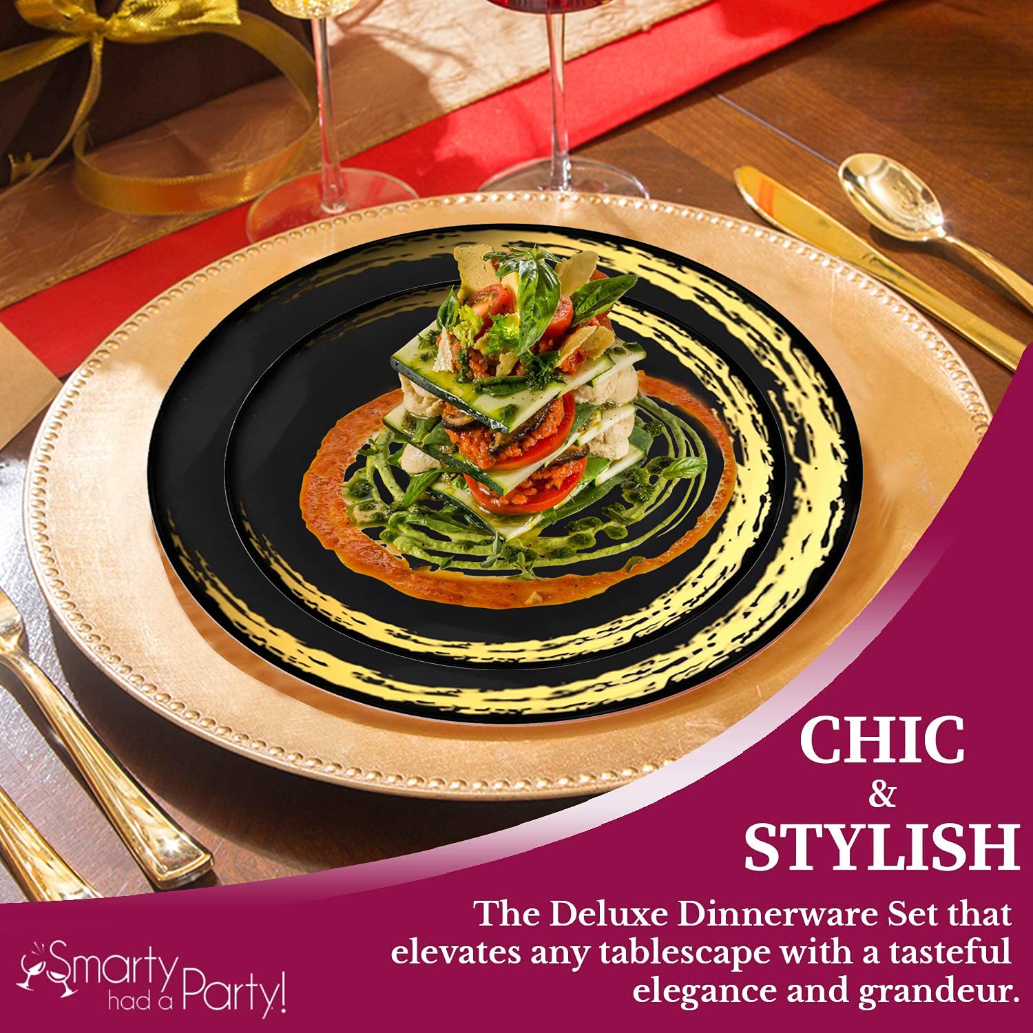Smarty Had A Party Disposable Plastic Plates - Elegant Moonlight Design Dinnerware Set for Weddings, Birthdays & Special Events (Black & Gold, 120-Piece Wedding Value Pack) - Perfect for Wedding Receptions, Birthday Parties, Anniversary Celebrations & Formal Gatherings