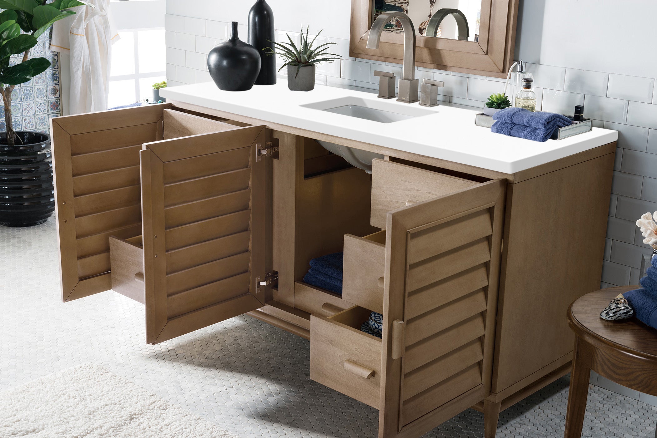 Portland 60 Inch Single Bathroom Vanity with Whitewashed Walnut Finish & 3CM White Zeus Quartz Countertop - Perfect for Modern Farmhouse, Coastal, or Transitional Bathroom Designs