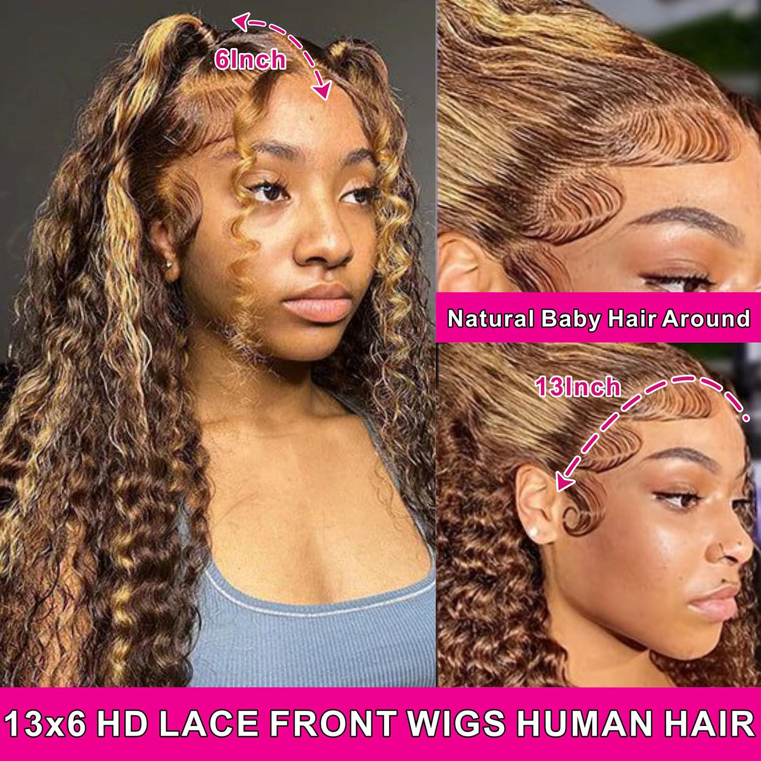 13x6 Highlight Lace Front Wig Human Hair - Deep Wave Lace Front Wigs with Baby Hair & Pre-Plucked Hairline - 180% Density Honey Blonde Curly Human Hair Glueless Wigs for Black Women (4/27 Color, 24 inch) - Perfect for Daily Wear, Parties, Weddings & Special Occasions