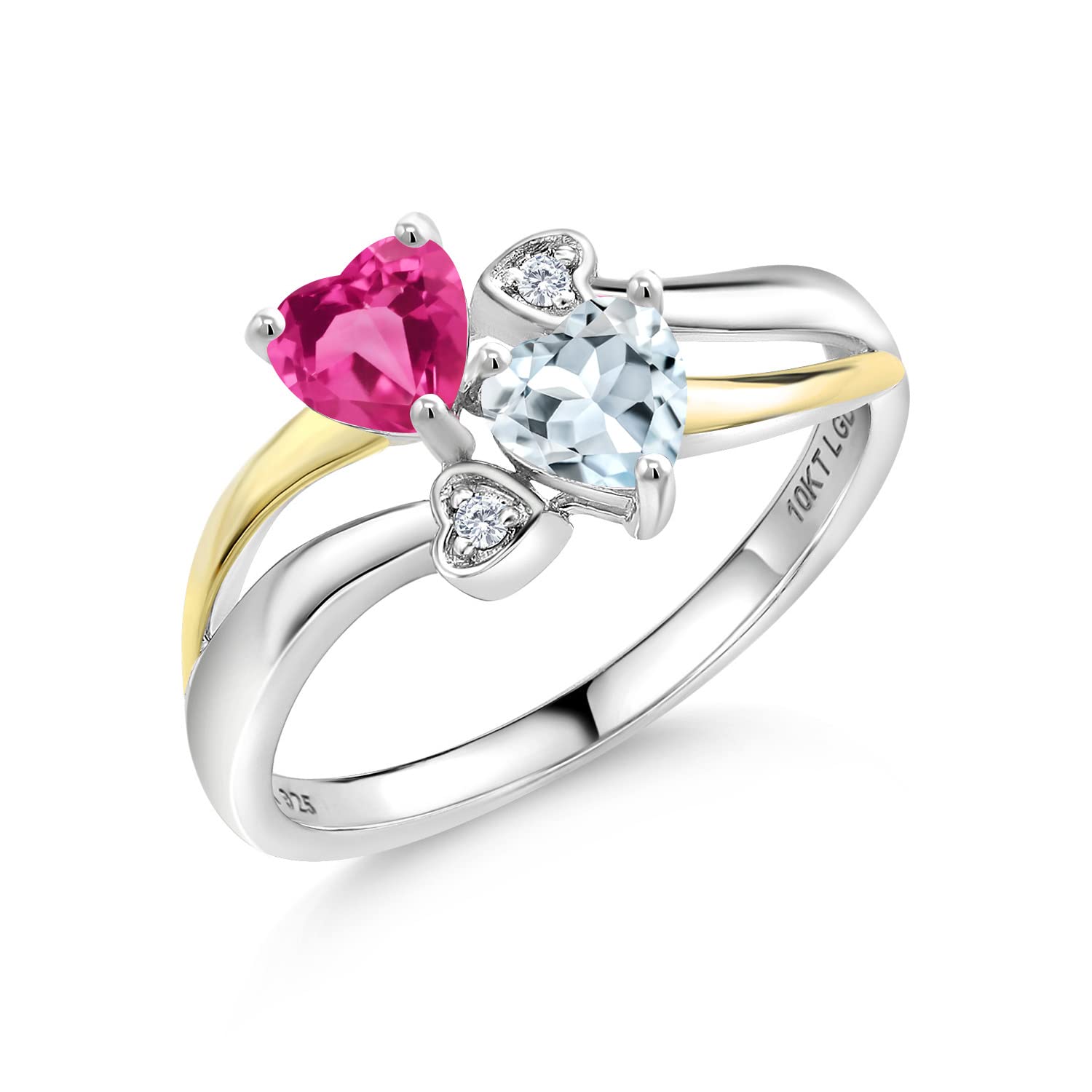 1.04 Ct Pink Lab-Created Sapphire & Sky Blue Aquamarine Ring in 925 Silver & 10K Yellow Gold with 4 Heart-Shaped Lab-Grown Diamonds | Elegant Jewelry for Engagement, Anniversary & Special Occasions