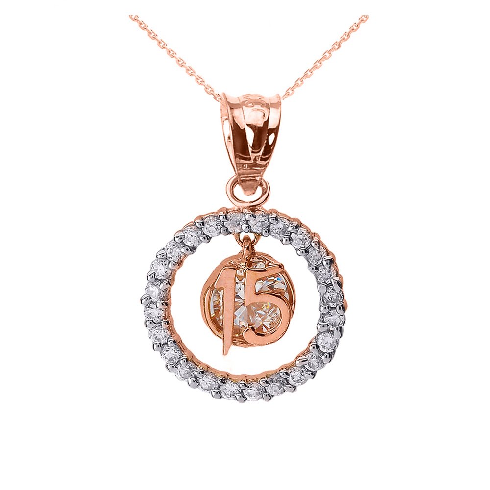 10K Two-Tone Rose Gold Sweet 15 Años Quinceanera Pendant Necklace with Cubic Zirconia Round Stones - Elegant Birthday Gift for Teen Girls, Perfect for Quinceañeras, Sweet 16 Parties & Special Occasions