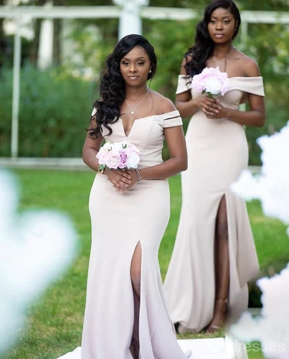 Elegant Off Shoulder Mermaid Bridesmaid Dress with V-Neck & Side Slit - WG1592 | Formal Wedding Party, Prom, Evening Gown for Special Occasions