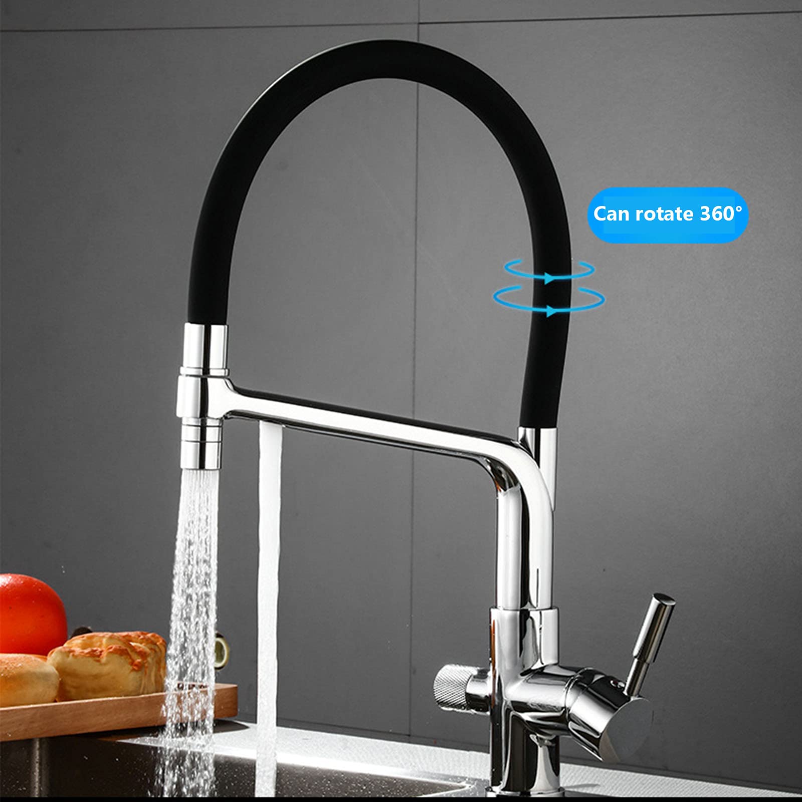 Premium High Arc Kitchen Sink Faucet - Solid Brass Dual Handle Hot & Cold Water Mixer with Swivel Spout, Black Silicone Hose & Built-in Filter - Chrome Finish for Modern Homes (Perfect for Drinking Water Purification & Dishwashing)