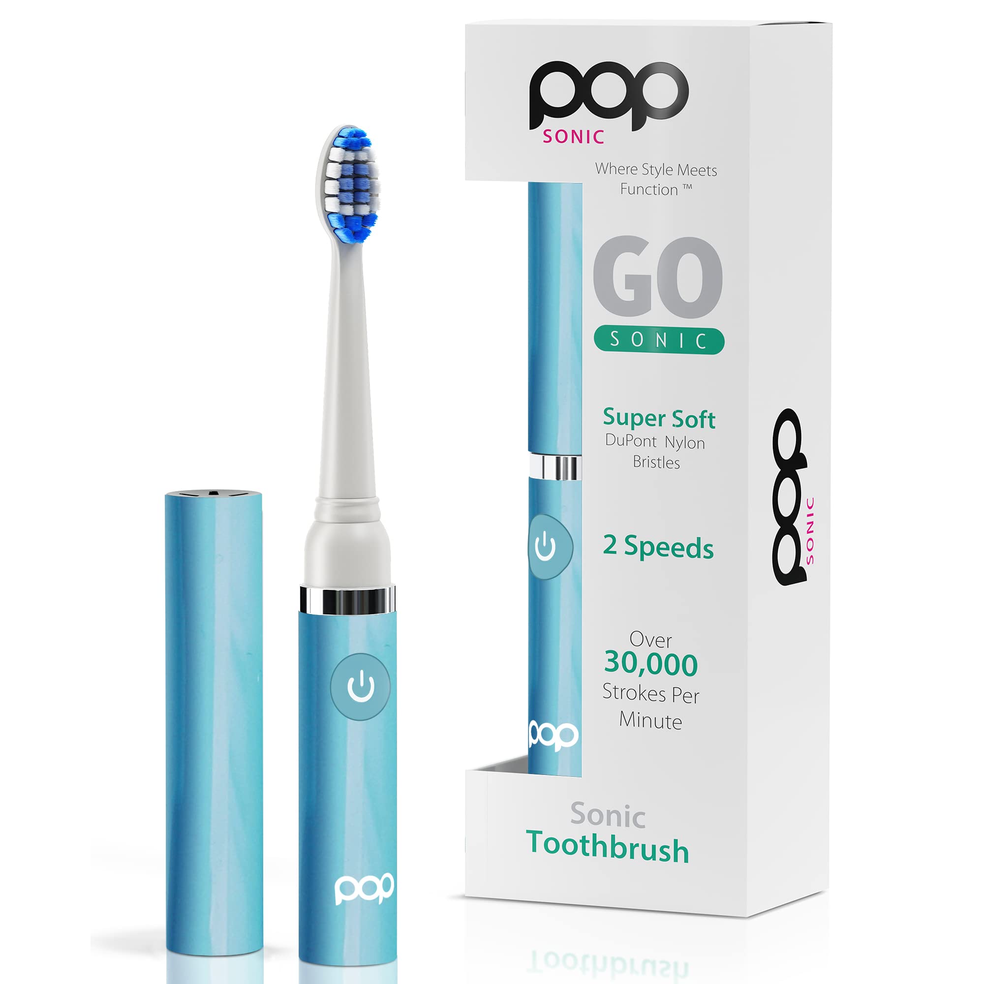 Pop Sonic Electric Toothbrush for Kids & Travel - Soft Bristles, 2 Speed Modes (15,000-30,000 RPM), Battery Powered, Pastel Blue | Gentle Cleaning for Sensitive Teeth, Perfect for Home & Vacation Use