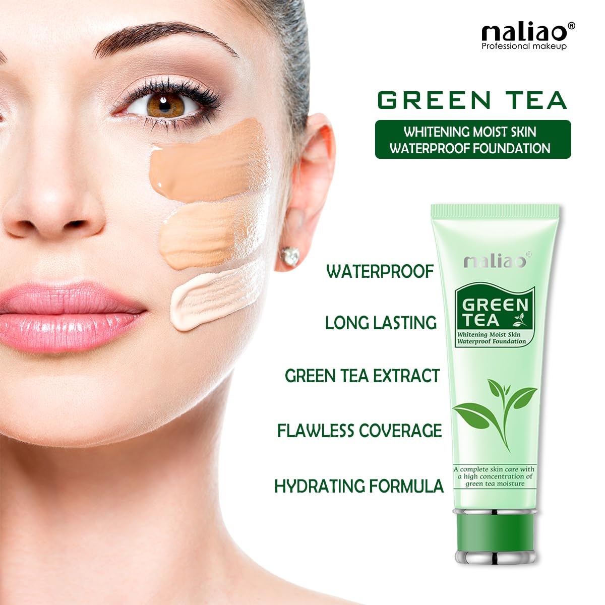Maliao Green Tea Whitening Moist Skin Waterproof Foundation - Full Coverage, Hydrating & Smooth Finish, SPF Protection, Long-Lasting & Oil-Free, Brightening & Even Skin Tone, Natural Beige 80g | Perfect for Daily Wear, Special Occasions & Photo Shoots