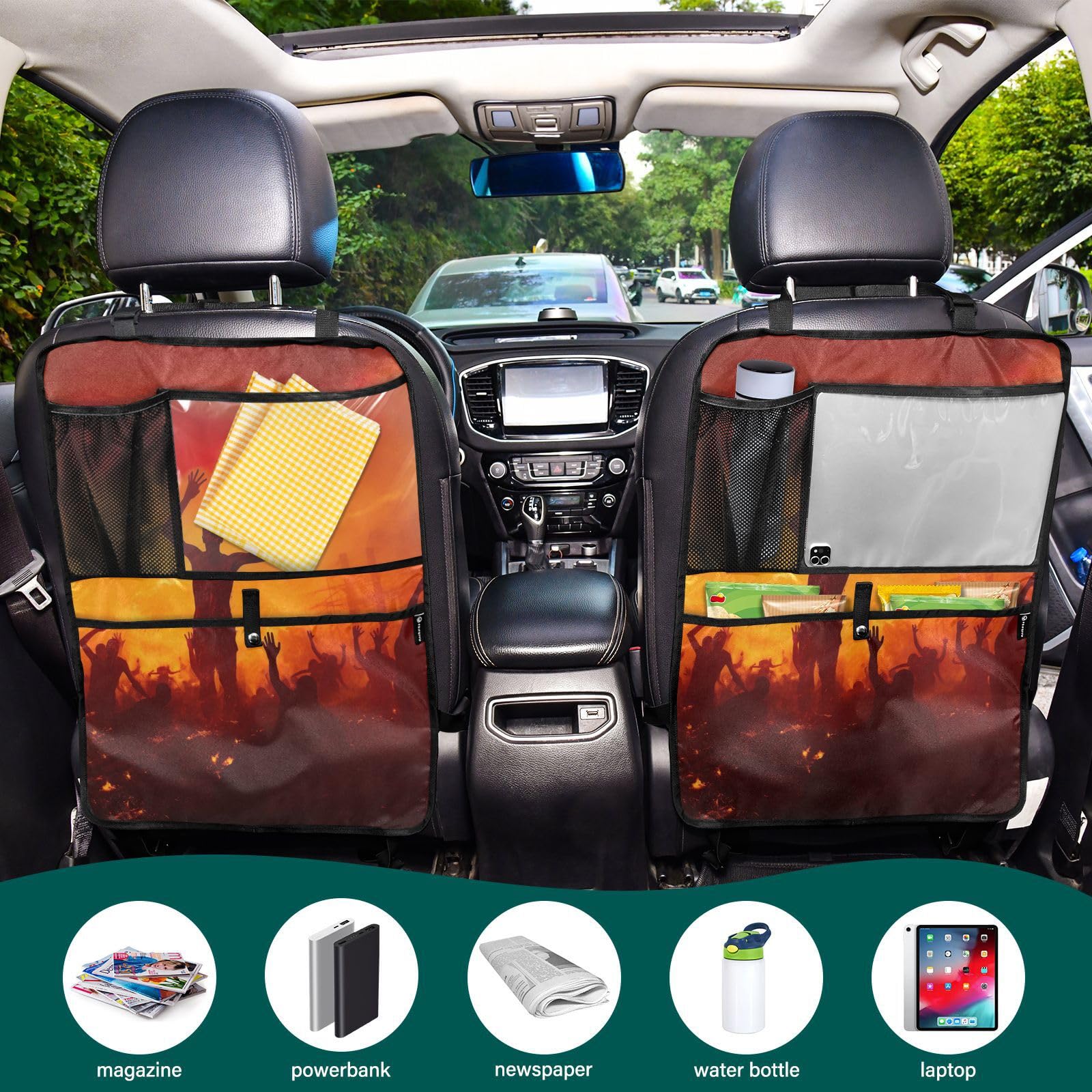 Halloween Zombies 2-Pack Car Back Seat Kick Mats - Premium Child Seat Protector with 3 Storage Pockets for Kids - Durable Kick Guard for Child Feet - Fits Most Trucks, SUVs and Vehicles (Perfect for Road Trips & Family Travel)