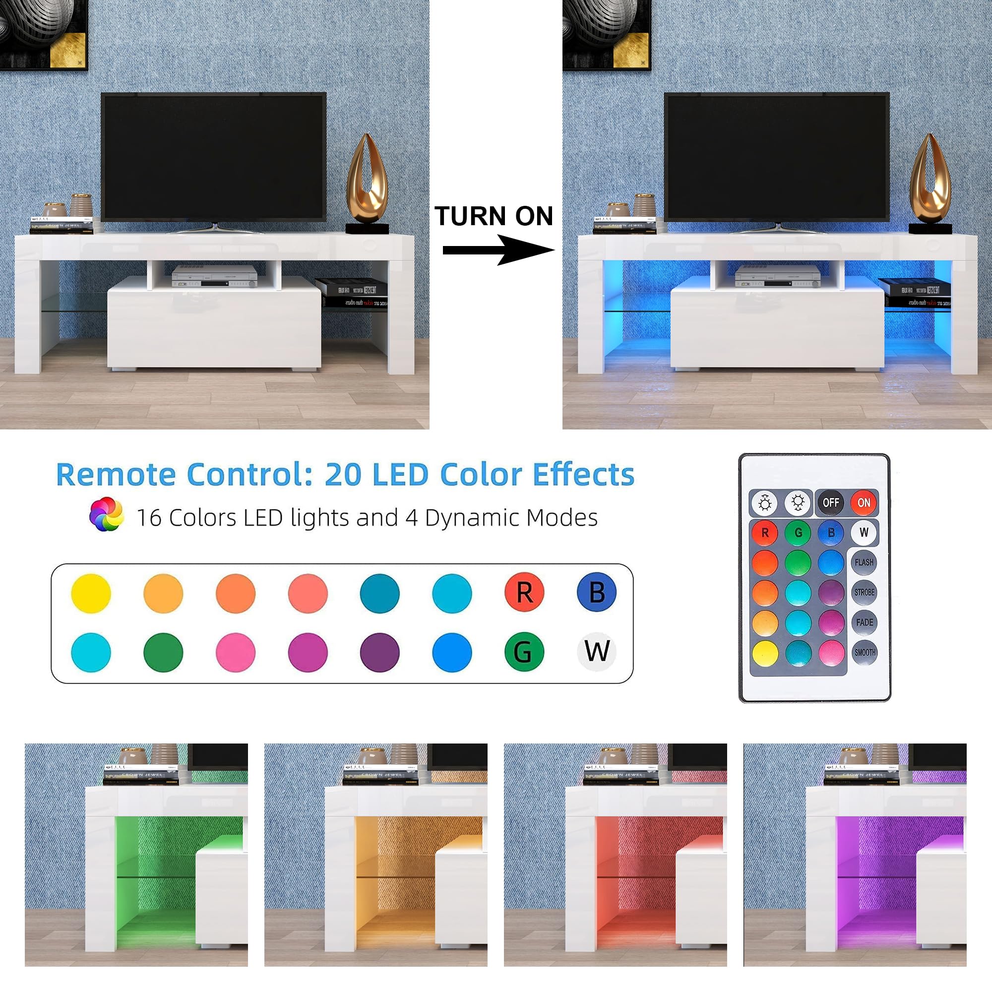 60 Inch LED TV Stand with Storage Drawer - High Gloss Entertainment Center & Media Console Table - Perfect for Living Room, Bedroom & Home Theater Setup