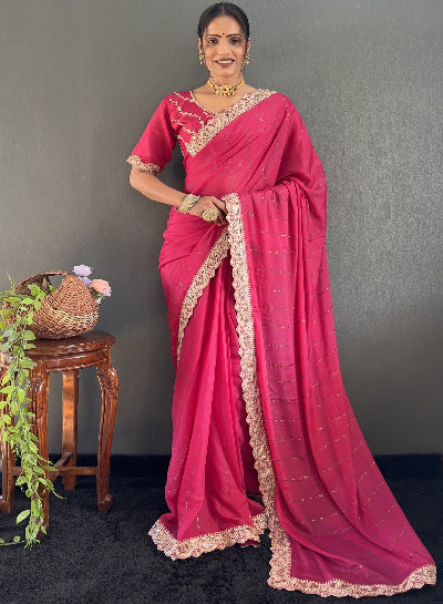 1 Minute Rani Pink Georgette Lace Swarovski Embroidered Ready-to-Wear Saree | Elegant Indian Traditional Dress for Weddings, Parties & Special Occasions