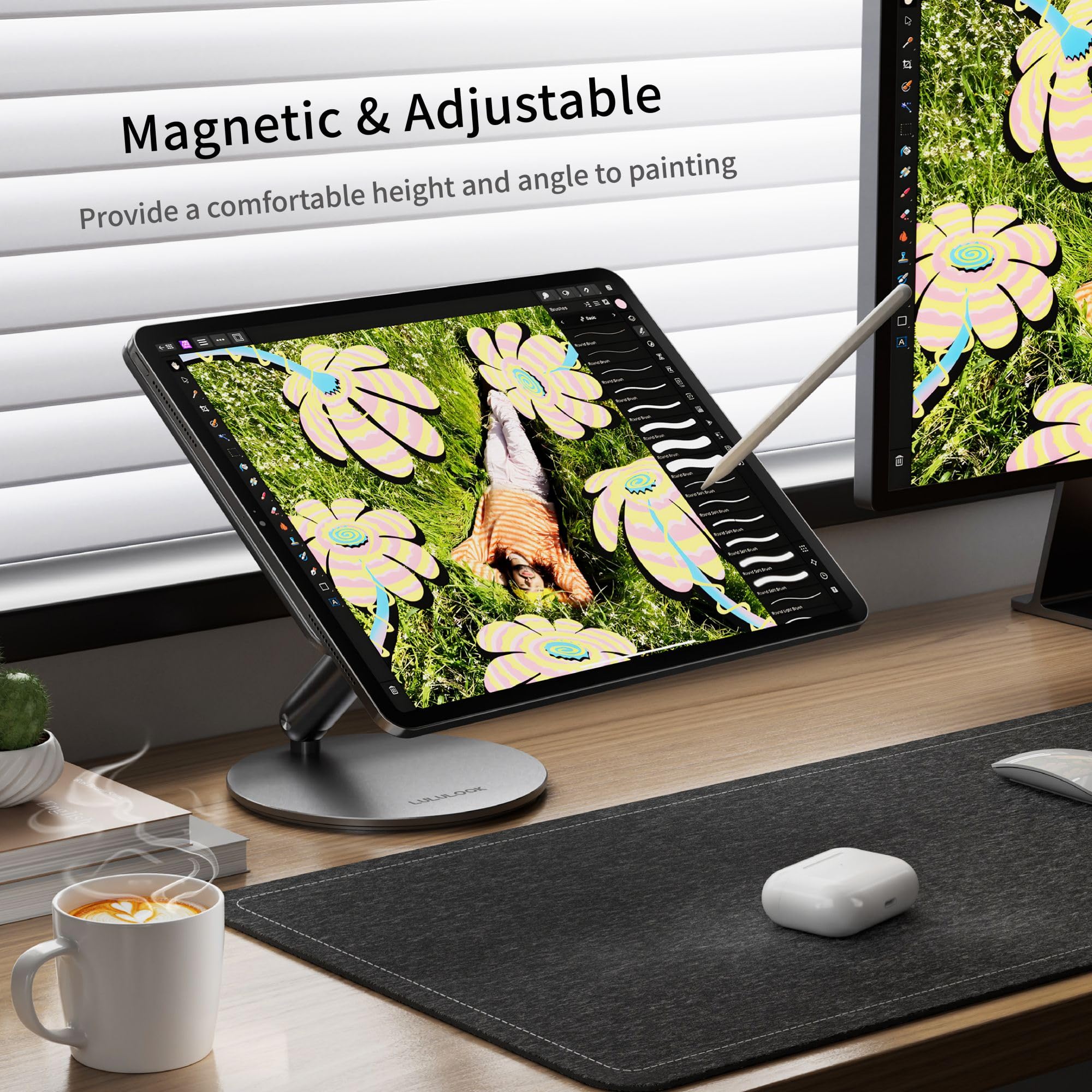 LULULOOK 360° Adjustable Magnetic Wireless Charging Stand for iPad Pro 11 inch M2/Air 10.9 inch - Foldable Aluminum Alloy Tablet Holder for Desk, Compatible with iPad Pro 11