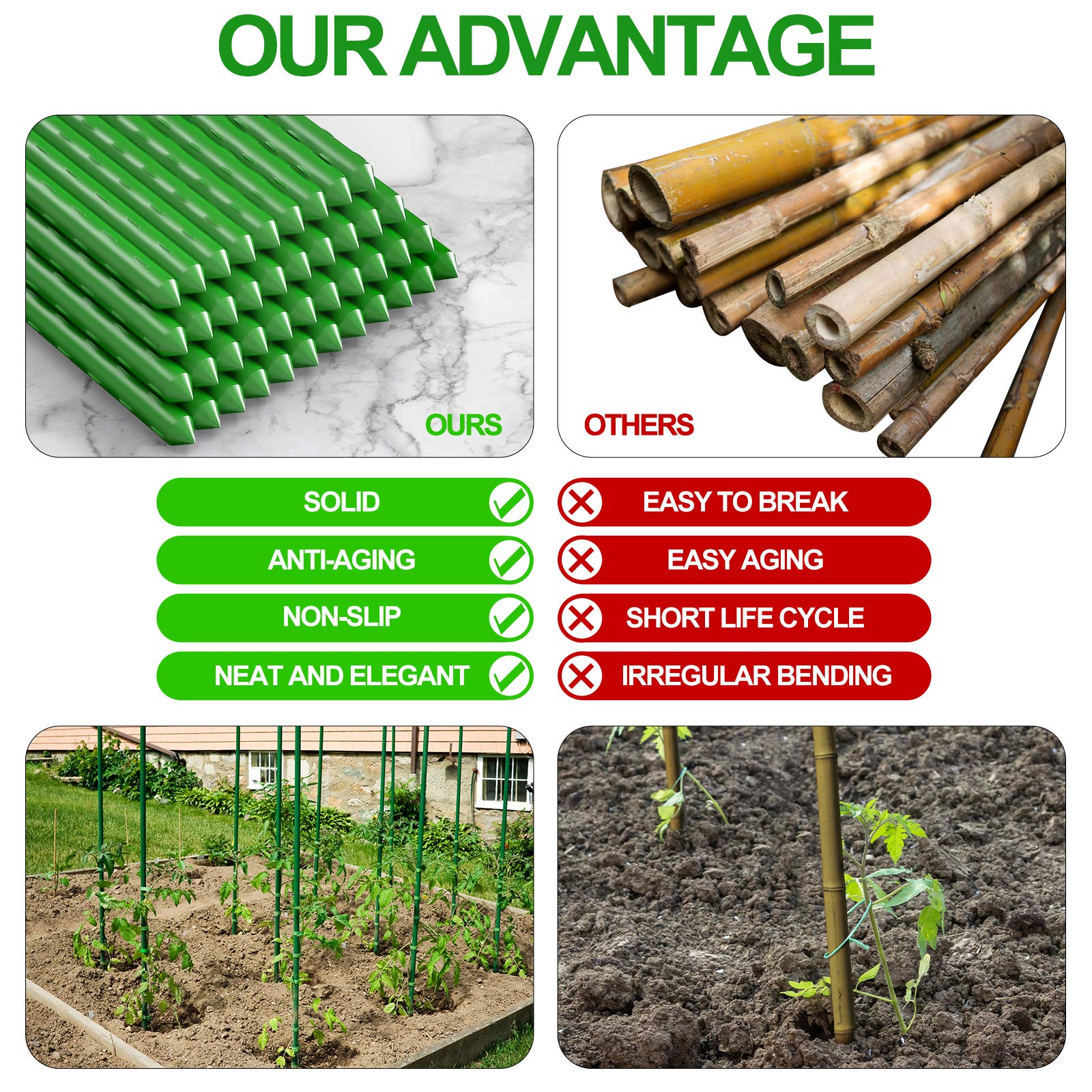 WAENLIR 60 Inch Garden Stakes - 5ft Sturdy Plant Supports for Tomatoes, Vegetables & Flowers - Pack of 50 - Perfect for Outdoor Gardening, Backyard Planting & Greenhouse Use