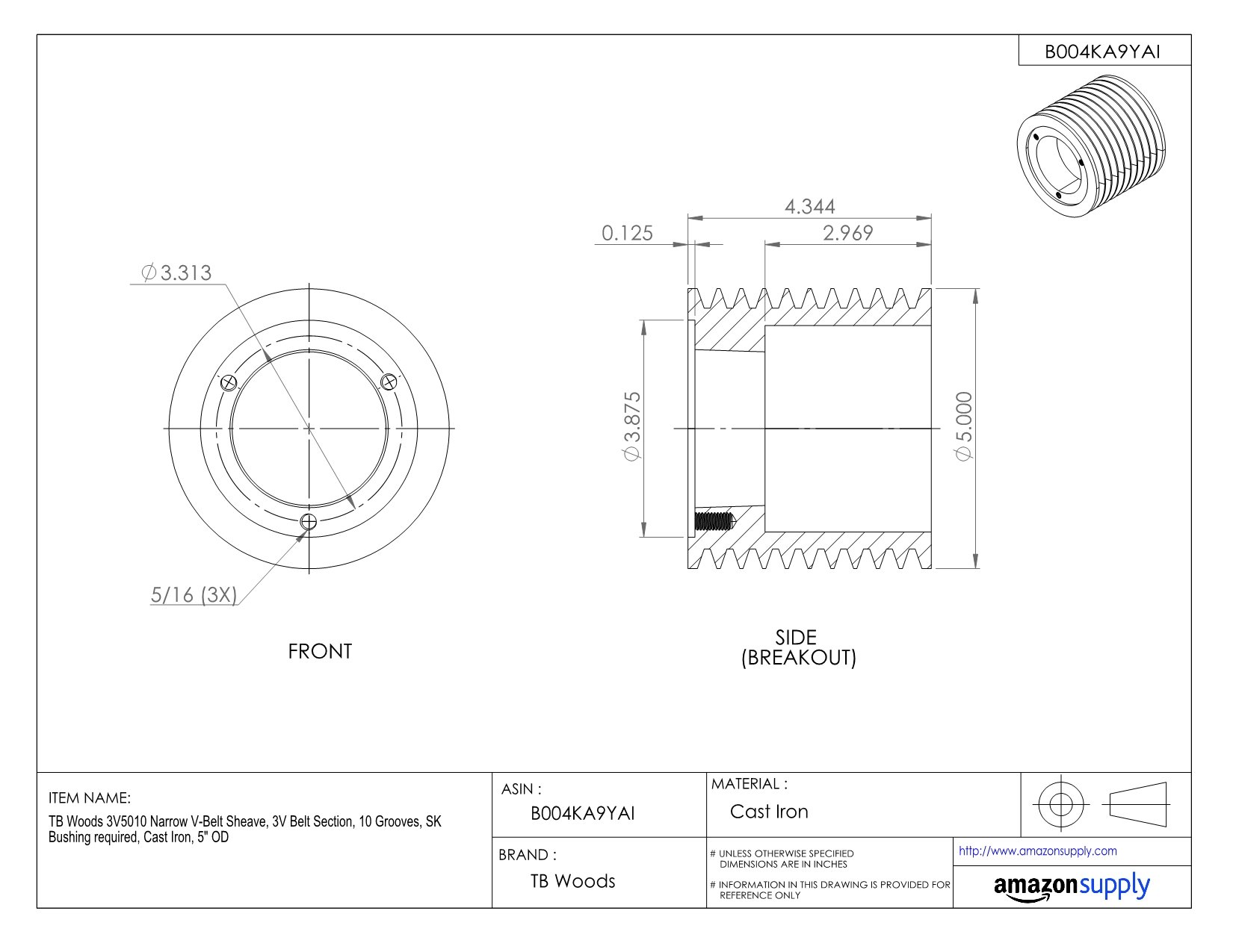 3V6010 Narrow V-Belt Sheave - 3V Belt Section, 10 Grooves, 6