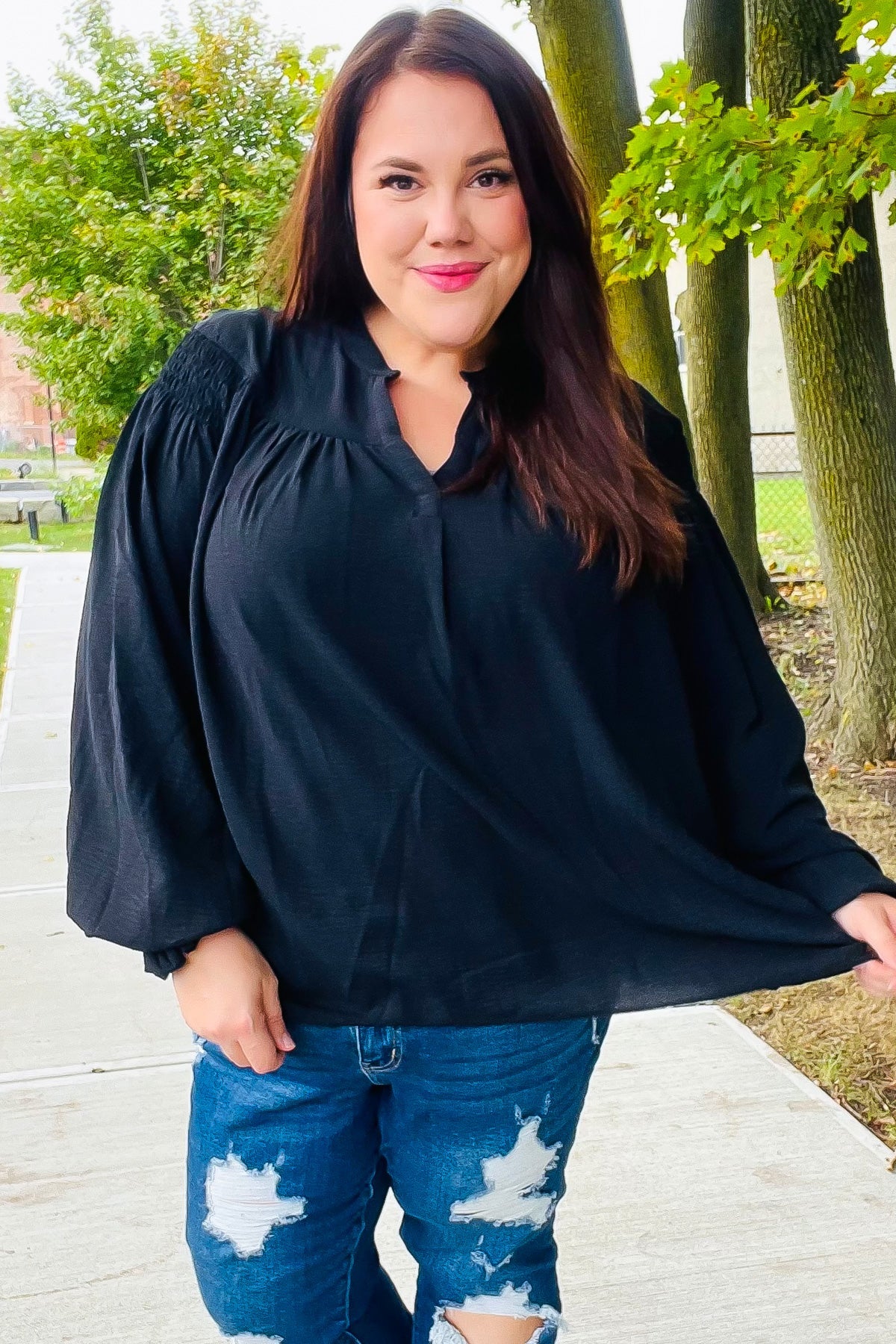 Boho Black Notched Neck Smocked Bubble Sleeve Top for Women - Vintage Floral Blouse for Casual Outfits, Date Night & Summer Fashion