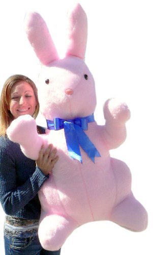 Giant 42-Inch Pink Plush Stuffed Rabbit - Extra Soft Jumbo Stuffed Animal Toy for Kids & Adults - 3.5-Foot Oversized Bunny with Blue Satin Bow - Perfect for Nursery Decor, Birthday Gifts & Cuddling