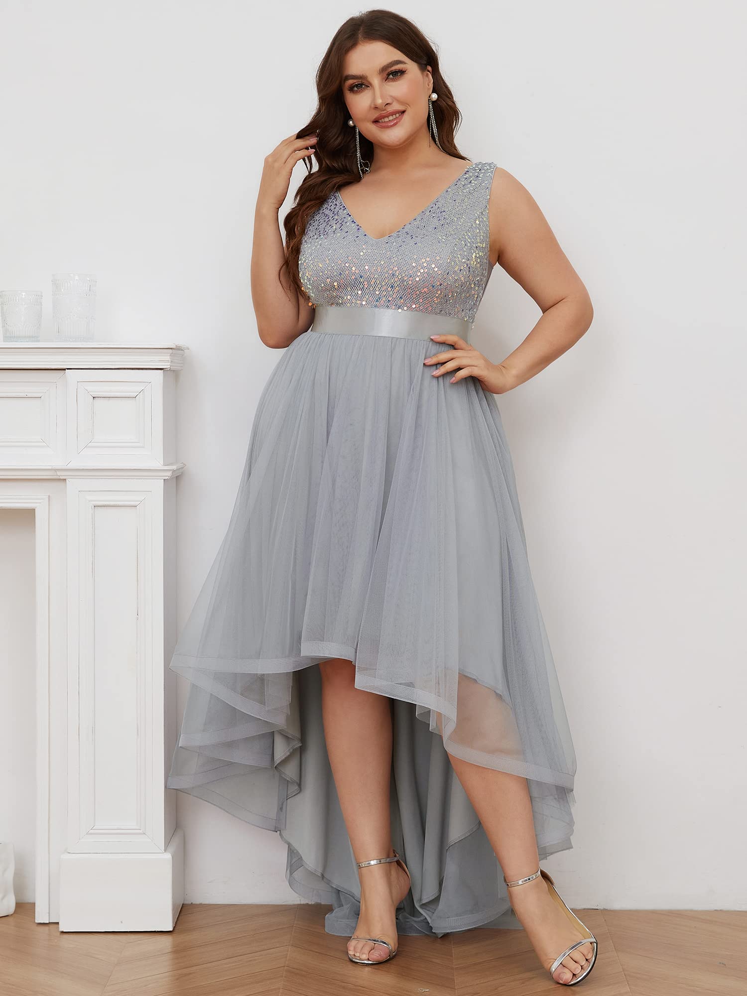 Ever-Pretty Women's Plus Size Double V-Neck A-Line High-Low Sequin Tulle Formal Dress 0147A-DA | Elegant Evening Gown for Prom, Wedding & Special Occasions